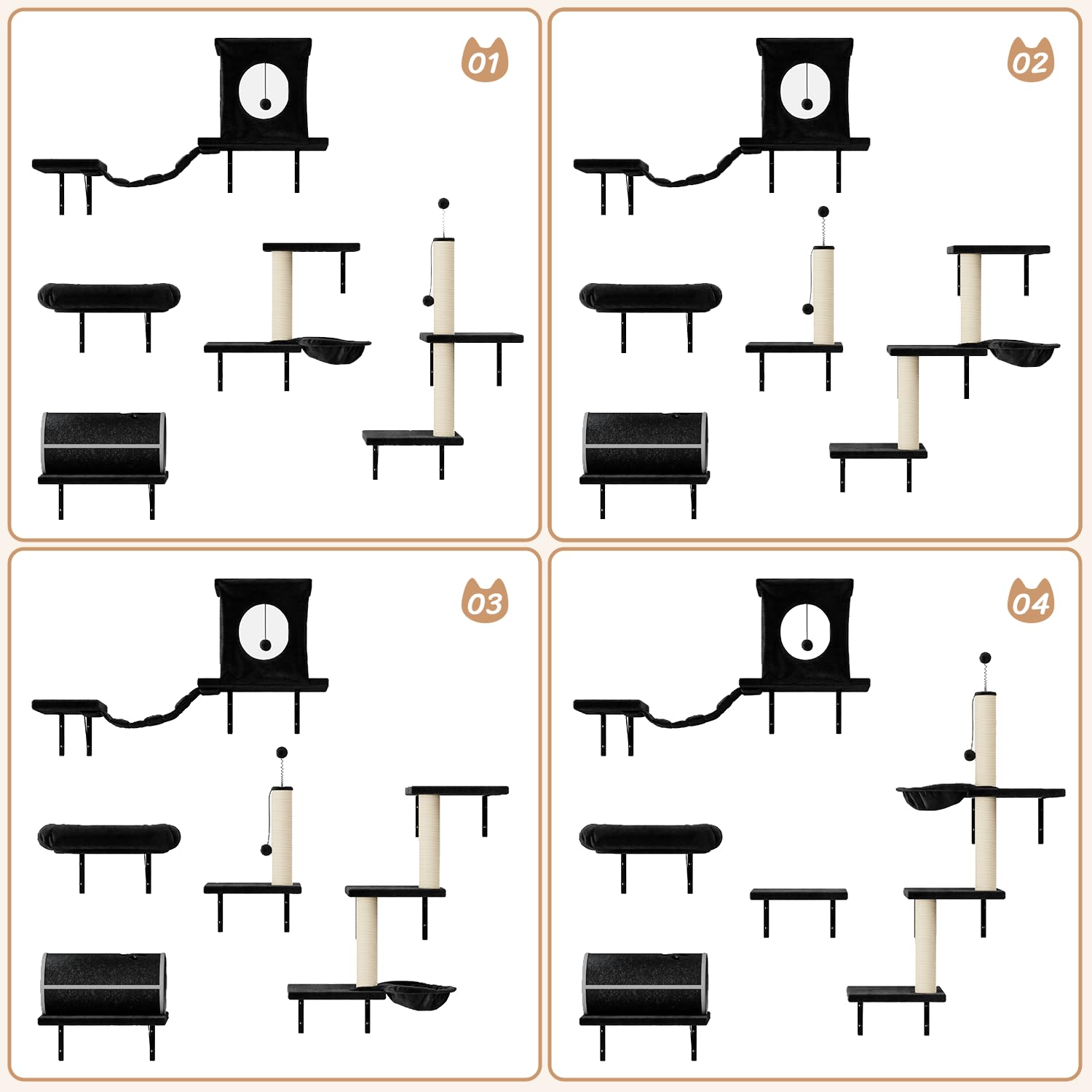 NUNU LAB 7-in-1 Wall Mounted Cat Climber Set, Cat Furniture Set, Cat Climber with Cat House, Tunnel, Bridge, Tree, Steps, Scratc