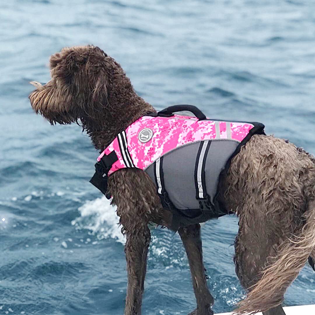 Vivaglory Sports Style Dog Life Jacket With Adjustable & Durable, Extra Flotation Swim Life Vest With Secure Fastening System For Large Dogs, Camo Pink