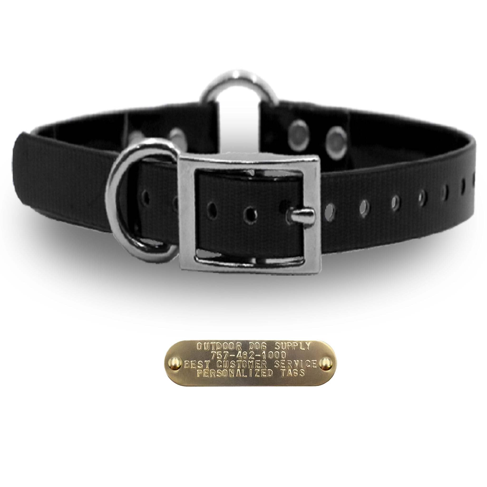 Outdoor Dog Supply'S 1' Wide Solid Ring In Center Dog Collar Strap With Custom Brass Name Plate (21' Long, Black)