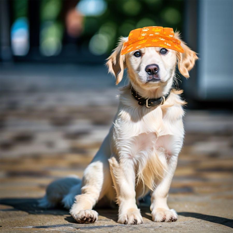 Pet Show Dog Paw Print Peaked Cap - Dog, Cat & Rabbit Sun Hat With Ear Holes - Adjustable Drawstring - Orange/Xxs