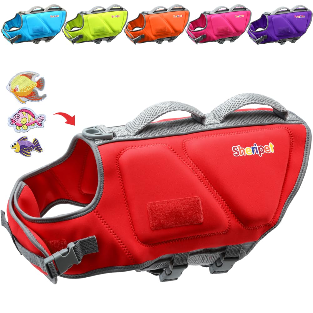 Sheripet Dog Life Jacket For Large Dogs, Dog Life Vest For Swimming Boating With Fashion Fabric Patches, Pet Safety Lifepreserve