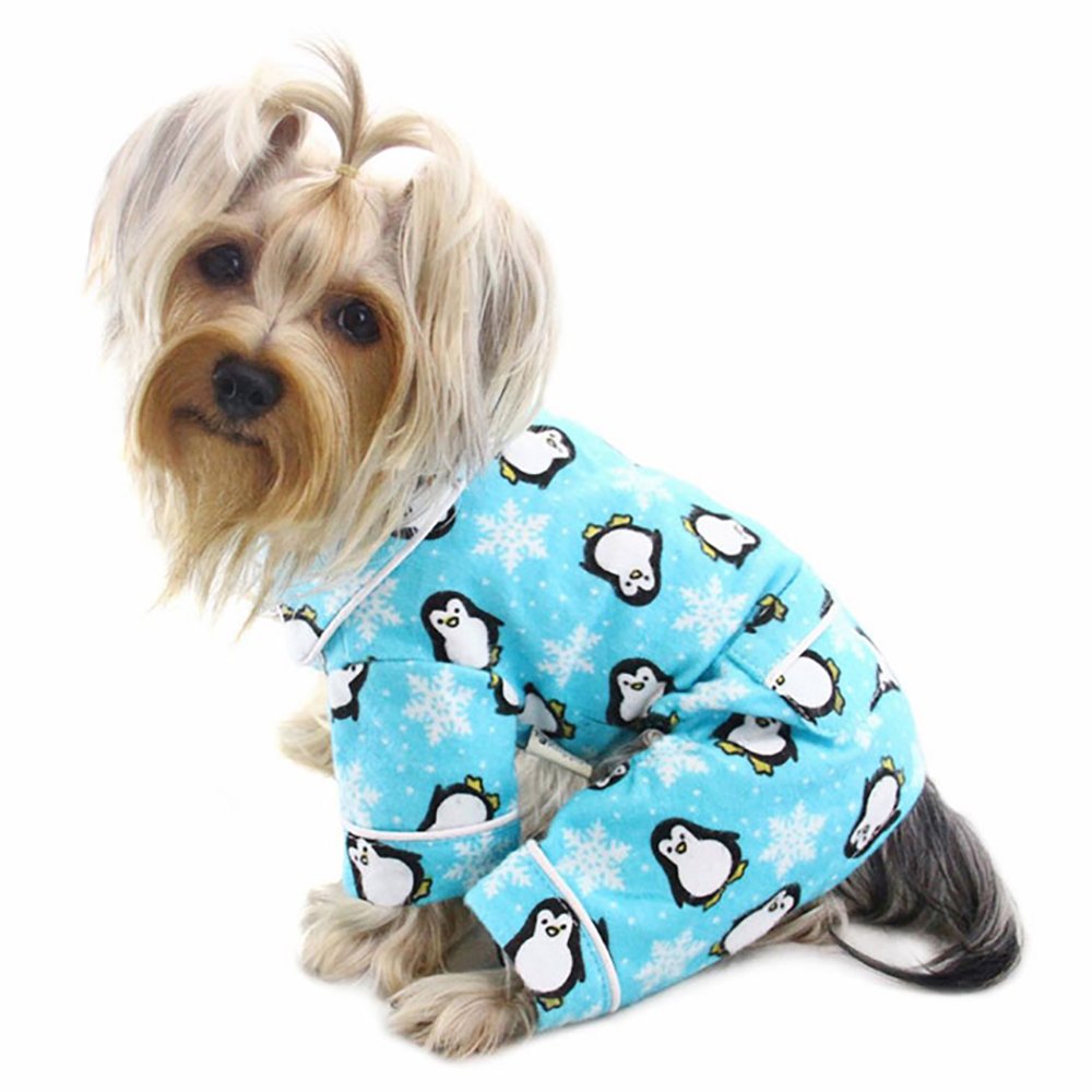 Penguins & Snowflake Flannel Dog Pajamas/Bodysuit/Loungewear - Turquoise - LARGE