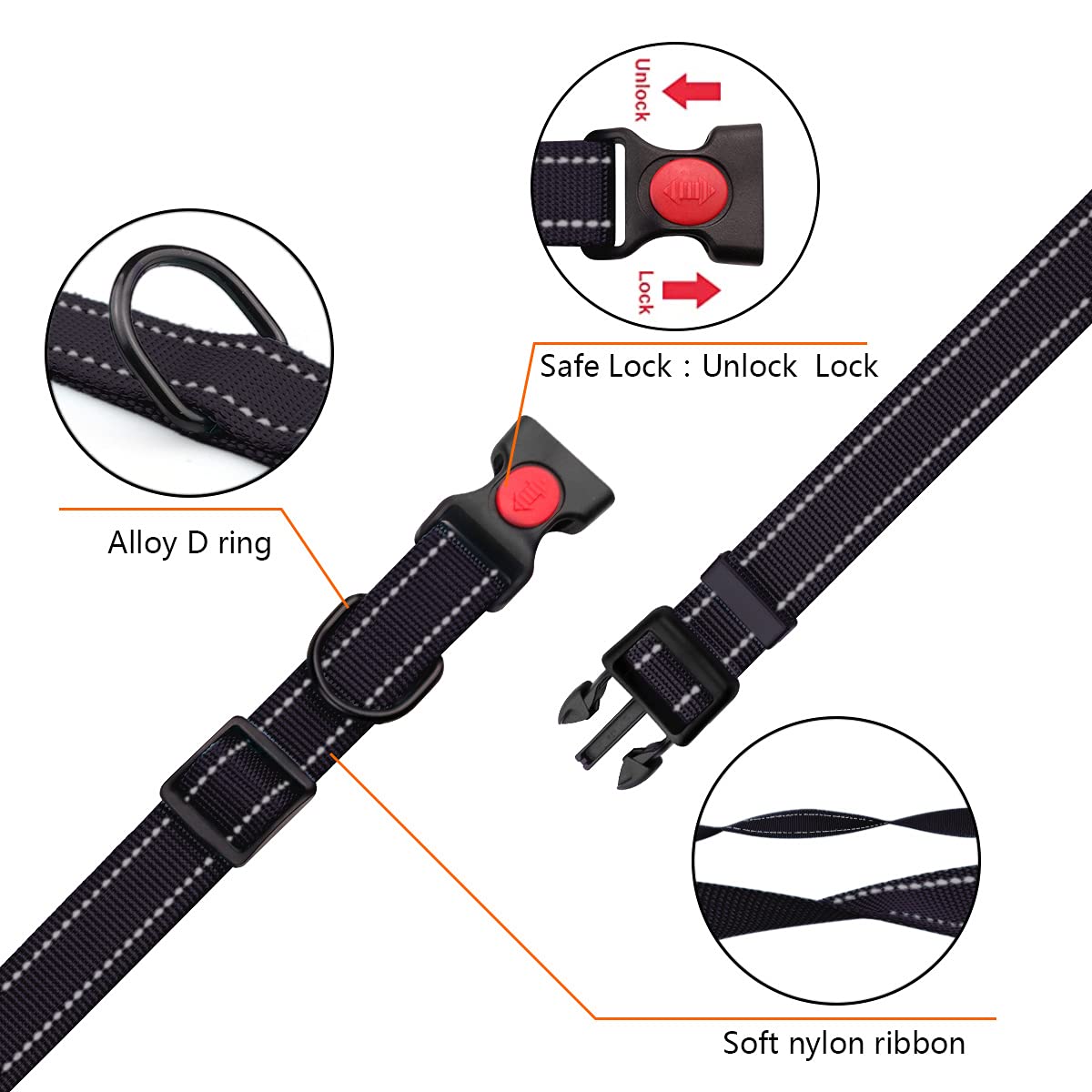 Reflective Dog Collar And Leash Set With Safety Locking Buckle Nylon Pet Collars Adjustable For Small Medium Large Dogs 3 Sizes(Black&L)