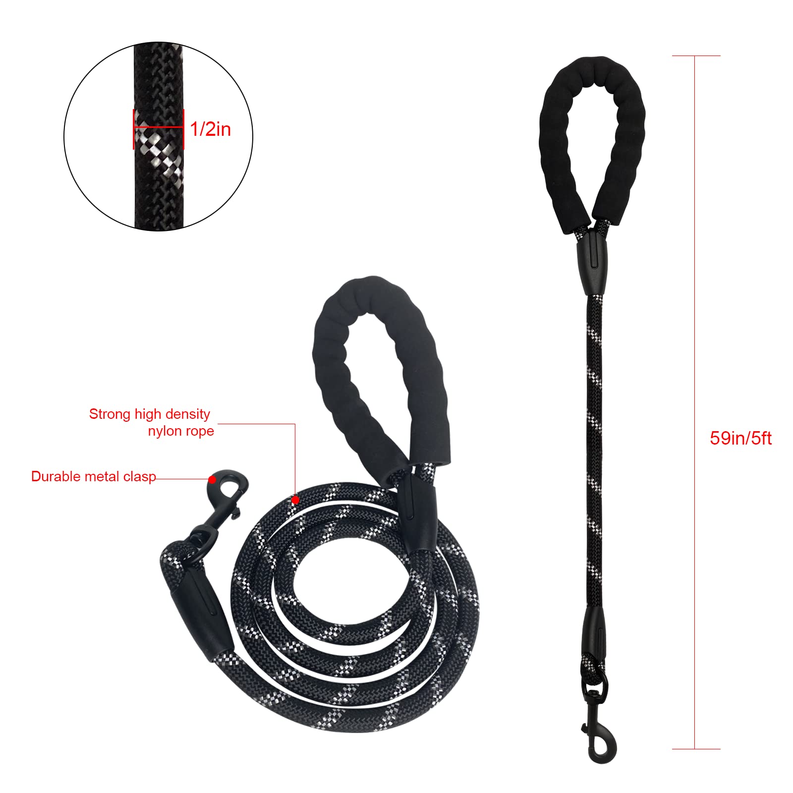 Beastron 5Ft Heavy Duty Dog Leash With Comfortable Padded Handle And Highly Reflective Threads For Medium And Large Dog’S, Black