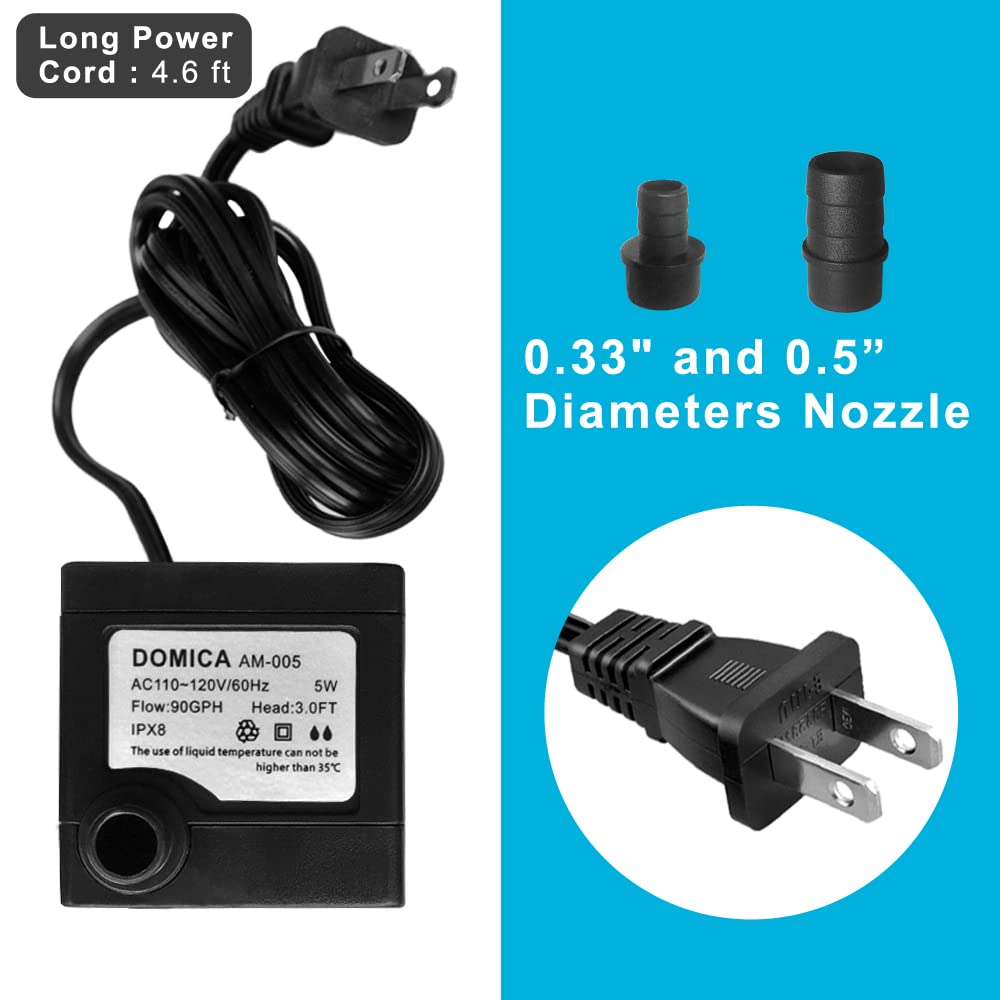 DOMICA 90 GPH Mini Submersible Pump, 5W Fountain Pump for Aquariums & Ponds, Black Plastic, Model FR-PPU12-188