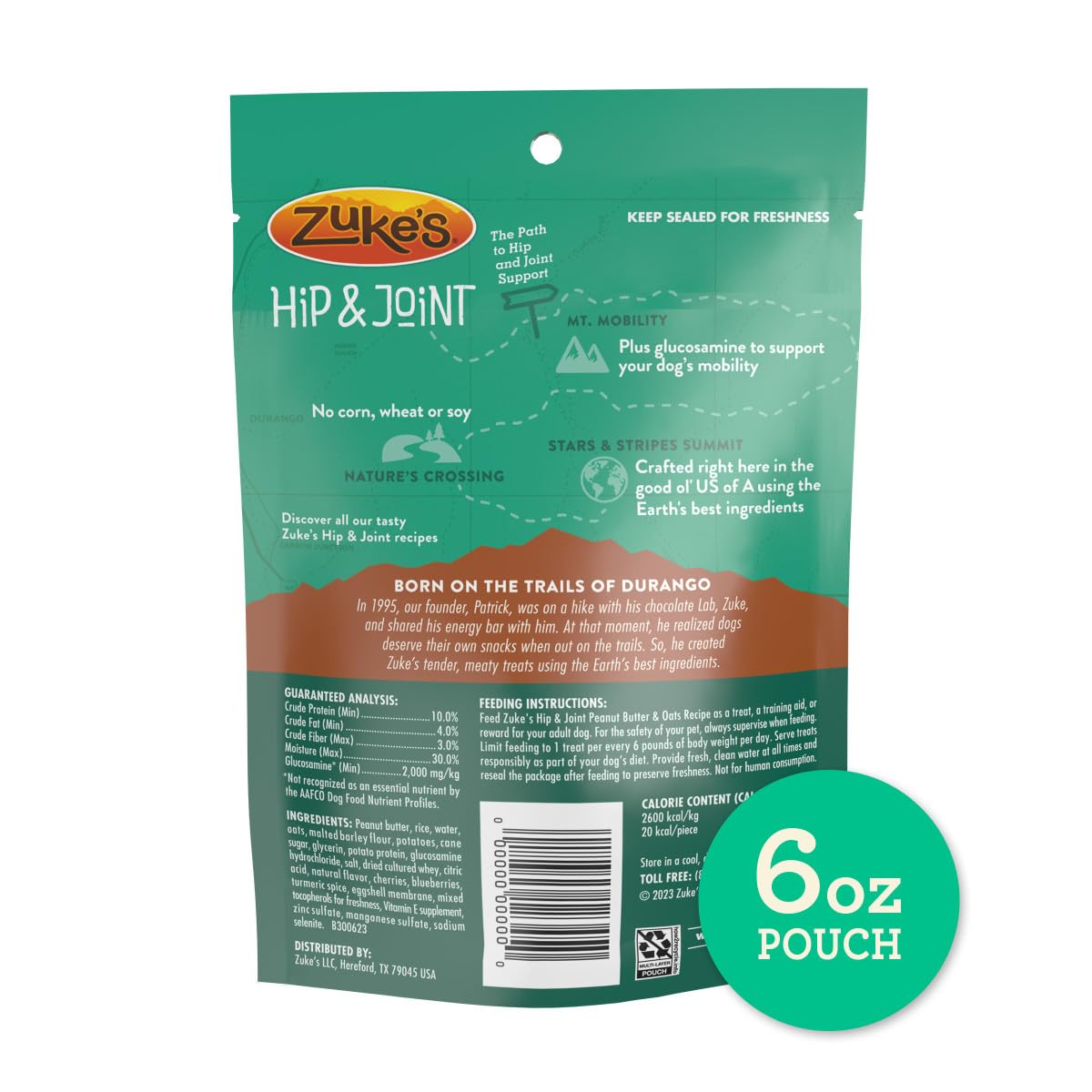 Zukes Hip and Joint Support Dog Treats for Adult Dogs, Senior Dog Treats Made with Real Peanut Butter and Oats, 6 oz. Resealabl