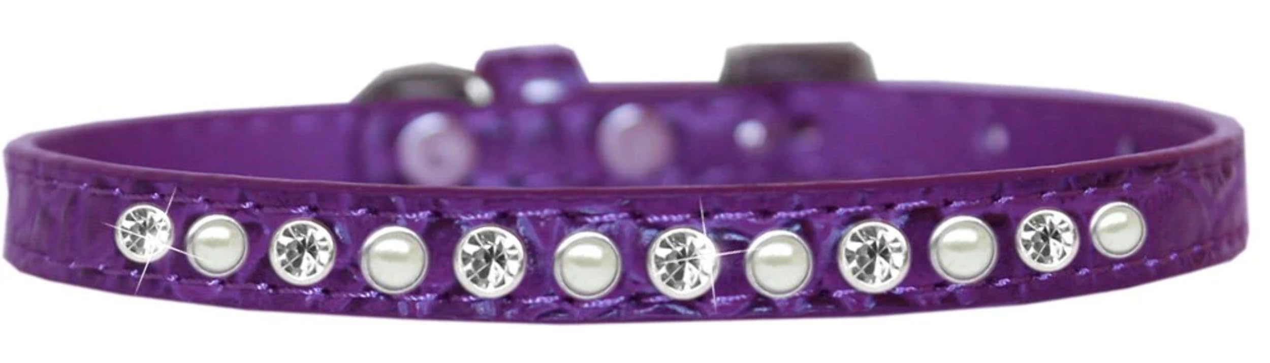 Dog, Puppy and Pet Designer Croc Collar, One Row Pearl & Clear Crystals Rimsets Silver 14