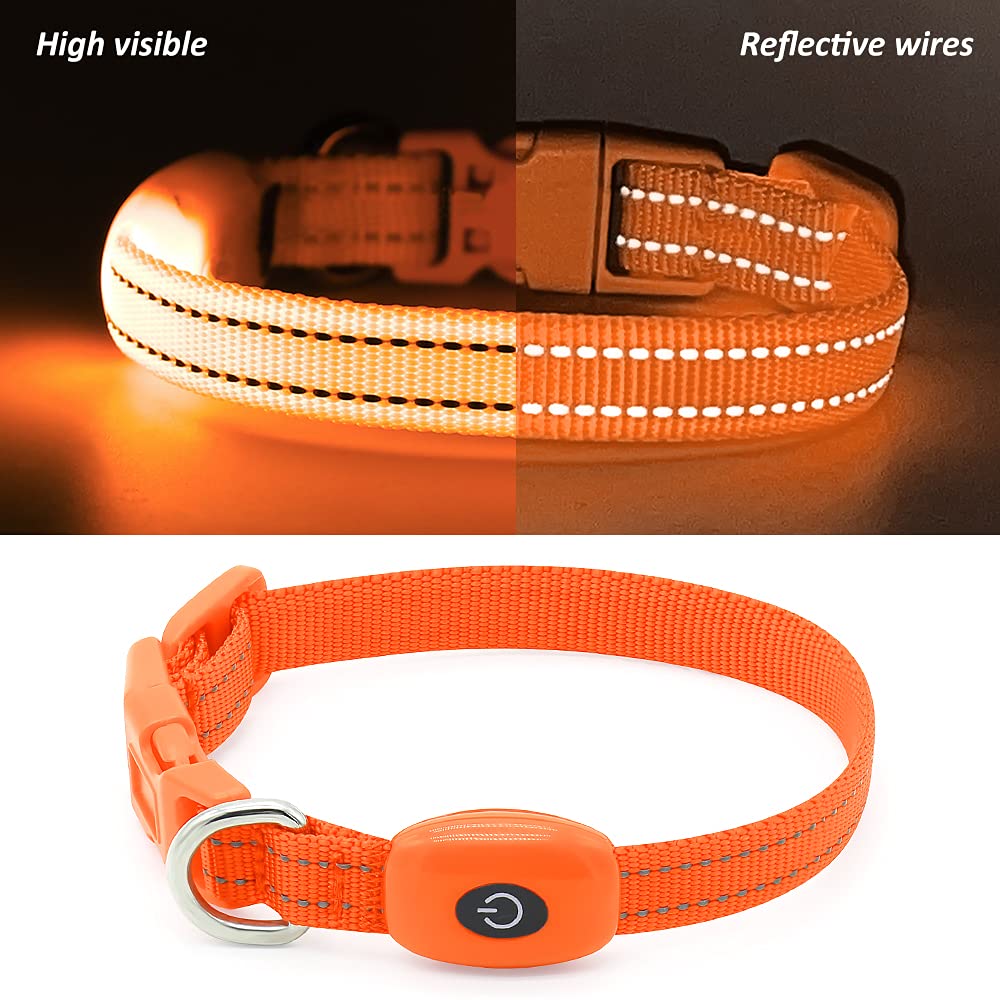 Illumifun Small Led Dog Collar, Usb Rechargeable Glowing Safety Collar, Adjustable Nylon Webbing Light Up Collars For Your Puppy (Orange, X-Small)