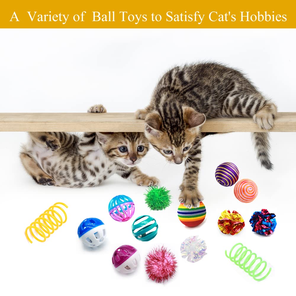 Lasocuhoo Cat Toys, Kitten Cat Ball Toys Assortments, Including Rainbow Ball, Crinkle Ball, Sparkle Ball, Bell Balls, Sisal Ball