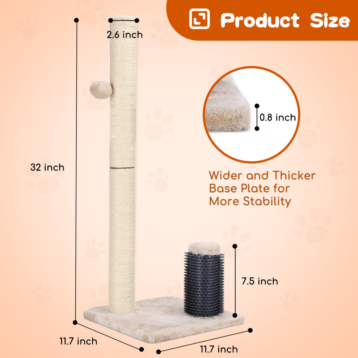 Nobleza 32    Tall Cat Scratch Post With Self Massage Brush, Natural Sisal Rope Cat Scratching Post For Indoor Cats, Stable Cat