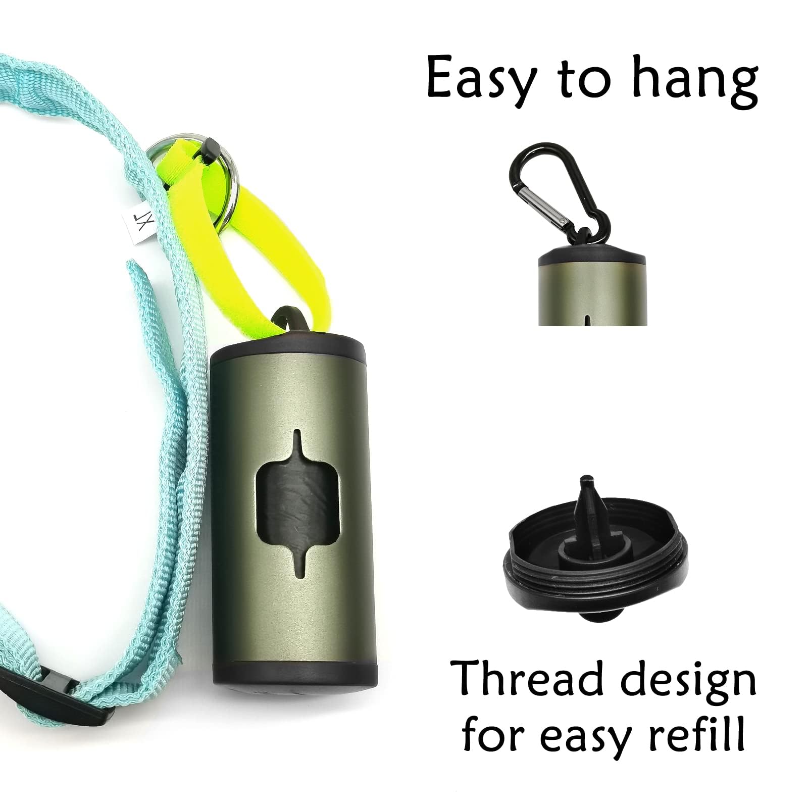 Yuchiya Aluminum Dog Poop Bags Holder With Carabiner Metal Pet Waste Bags Dispenser With Hook And Loop Fastener And Elastic Cord To Carry Used Bags(Olive Green, 1 Holder 195 Bags)
