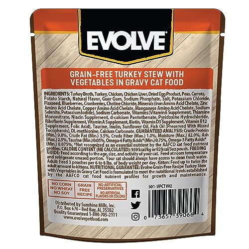 Evolve Grain Free Turkey Stew Wet Cat Food, 3 oz (24 Pack) - Nutrient-Rich with Veggies in Gravy