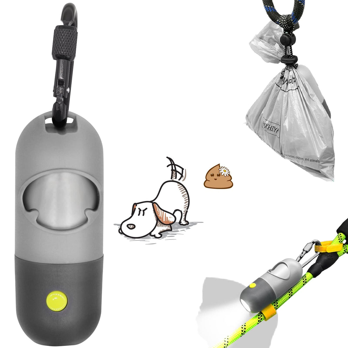 Yuchiya Dog Poop Bag Dispenser With Flashlight|Dog Poop Bag Holder With Leash Clip|Hands-Free Leash Poop Bag Holder With Straps And 1 Roll Dog Waste Bags (Grey And Black)