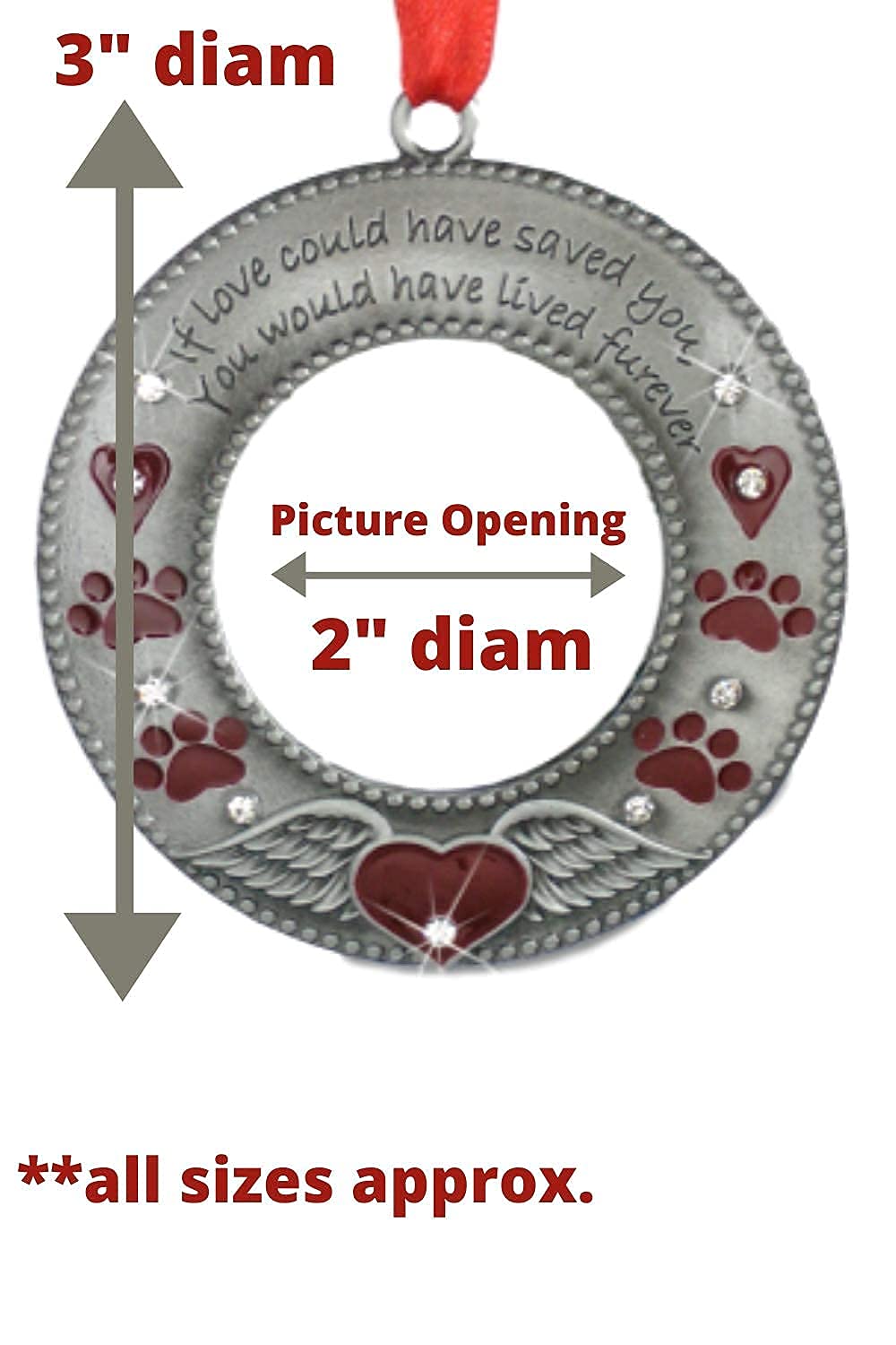 Pet Memorial Photo Ornament - Dog Or Cat - Enameled & Jeweled With Red Hearts, Angel Wings & Paw Prints - Gift/Storage Bag Included - 3' D And Holds A 2' D Photo