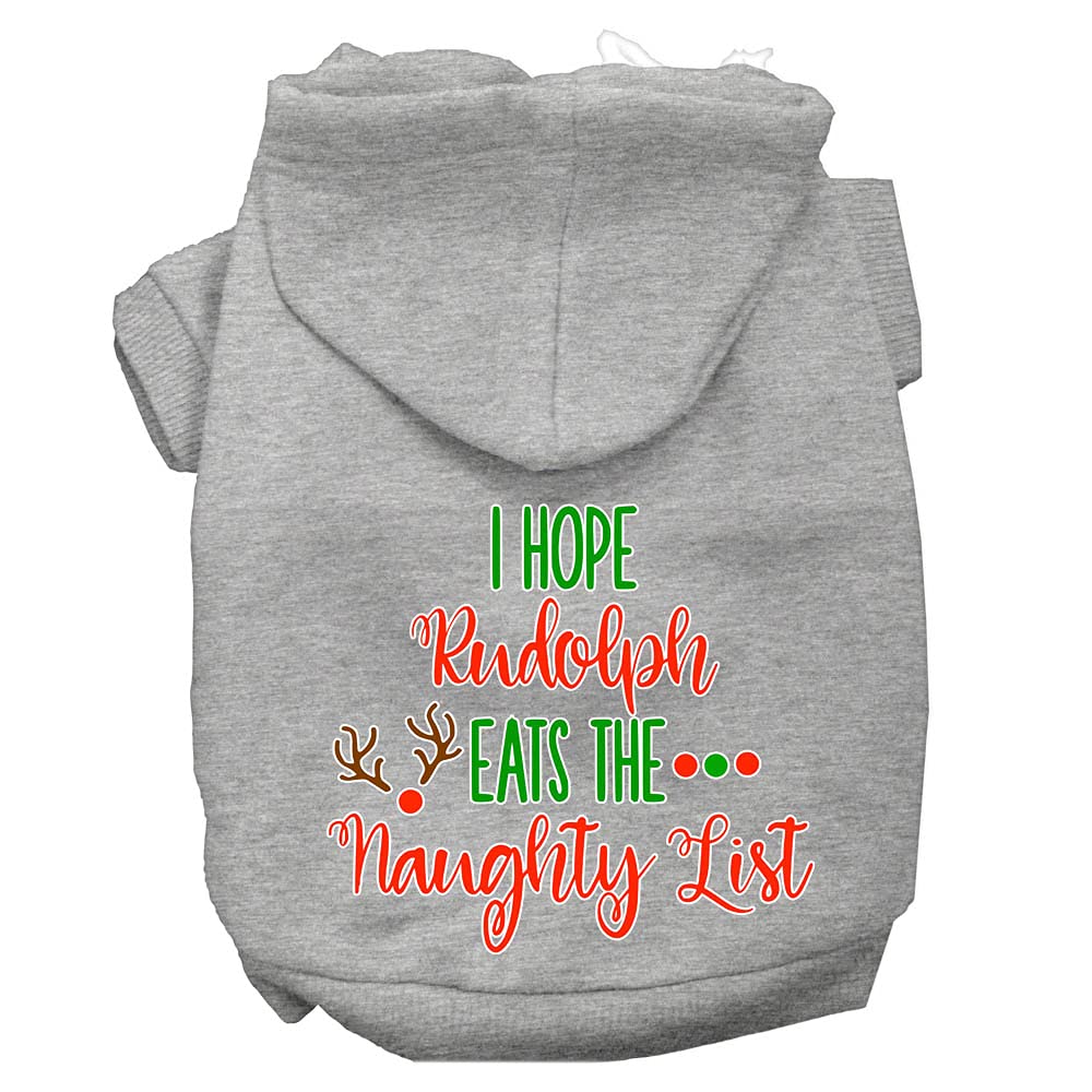Christmas Pet Dog & Cat Hoodie Screen Printed, &quot;I Hope Rudolph Eats The Naughty List&quot; Gray 2XL (20-25 lbs.)