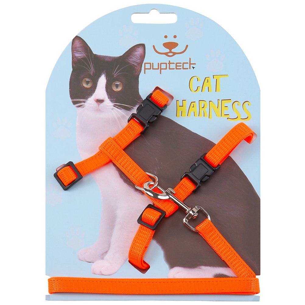 Pupteck Adjustable Cat Harness And Leash Set Escape Proof Kitten Strap Collar For Walking Travel, Orange