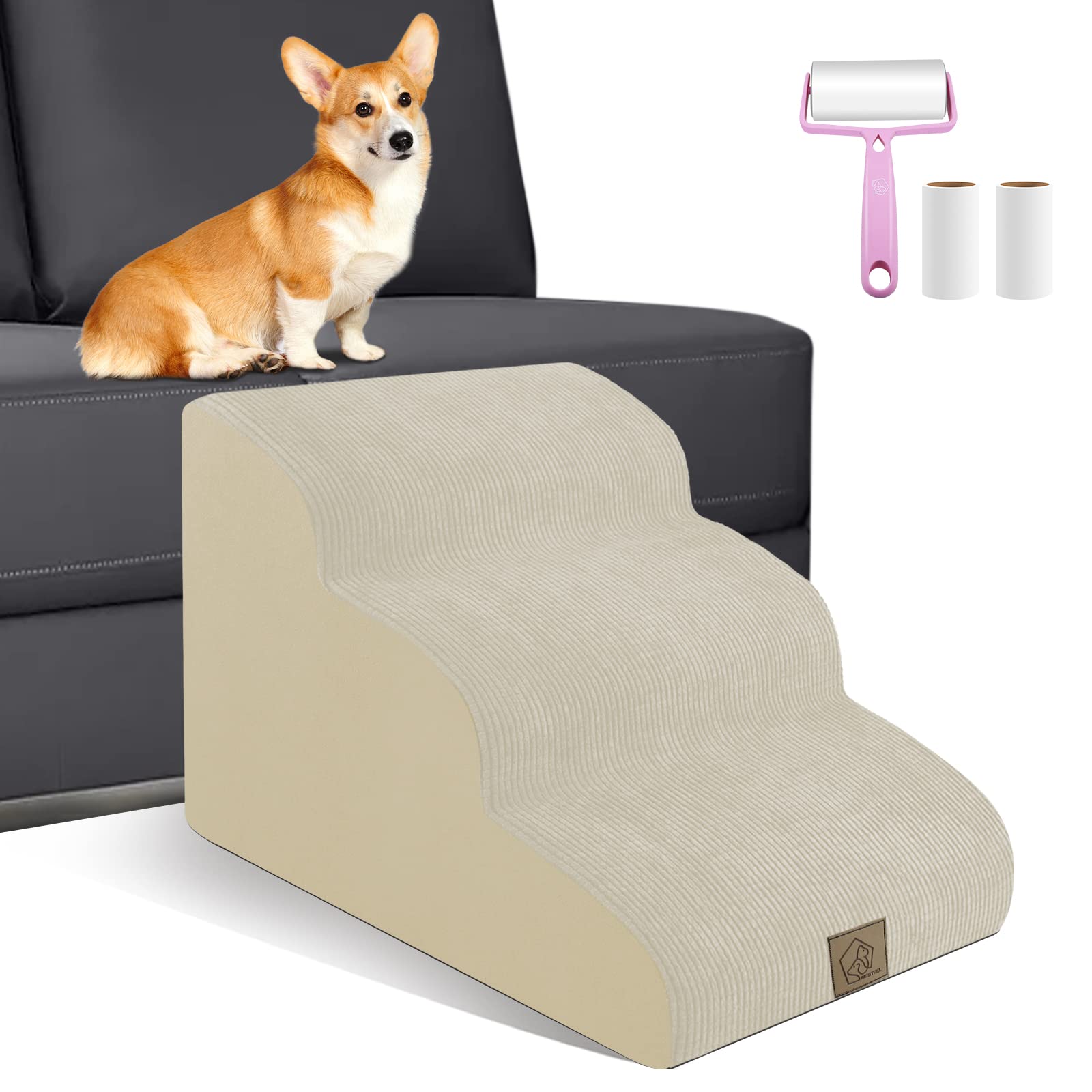 3-Tiers Foam Dog Stairs For Indoor High Sofa Bed Couch,Gentle Slope Steps Stairs For Indoor,Dog Stairs Ladder Ramp Non Slip For Old Small Dogs Easy Access,Send 3 Pcs Lint Roller Set,Beige