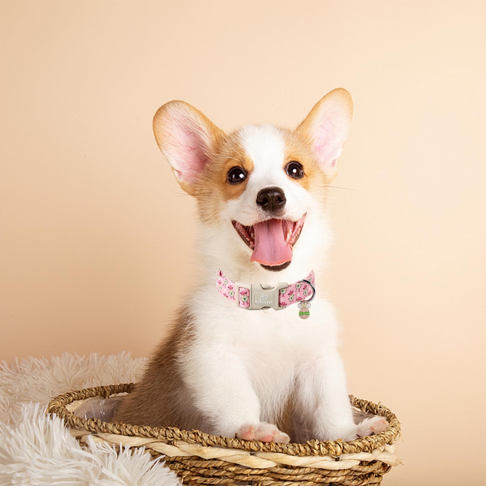 Babole Pet Easter Dog Collar, Pink Dog Collar with Cute Chickens Printed, Adjustable Comfortable Dog Collar with Quick Release B