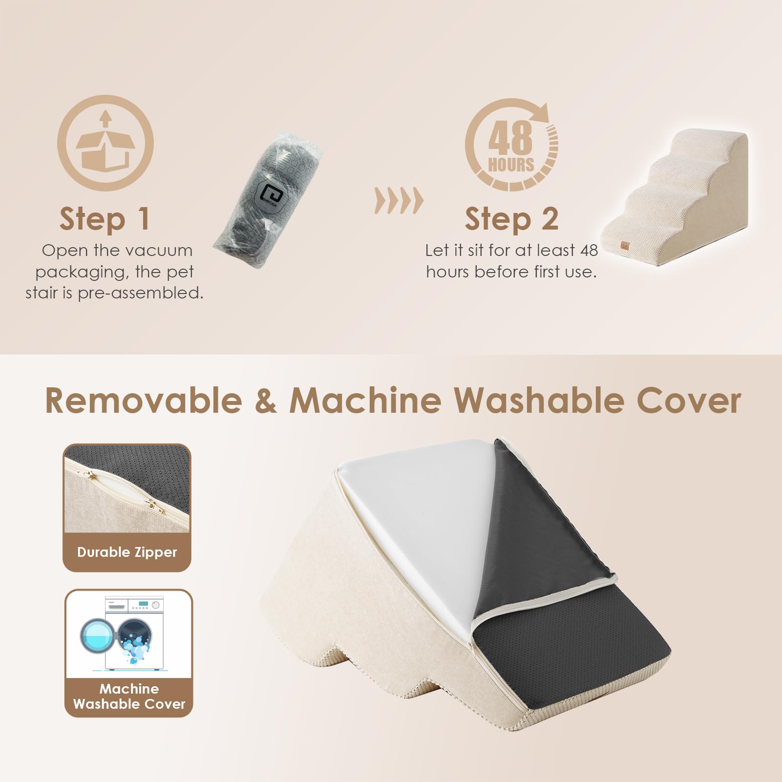 Eheyciga Curved Dog Stairs Ramp For High Beds 19.7' H, 4-Step Dog Steps For Small Dogs And Cats, Pet Stairs For High Bed Climbing, Non-Slip Balanced Pet Step Indoor, Beige