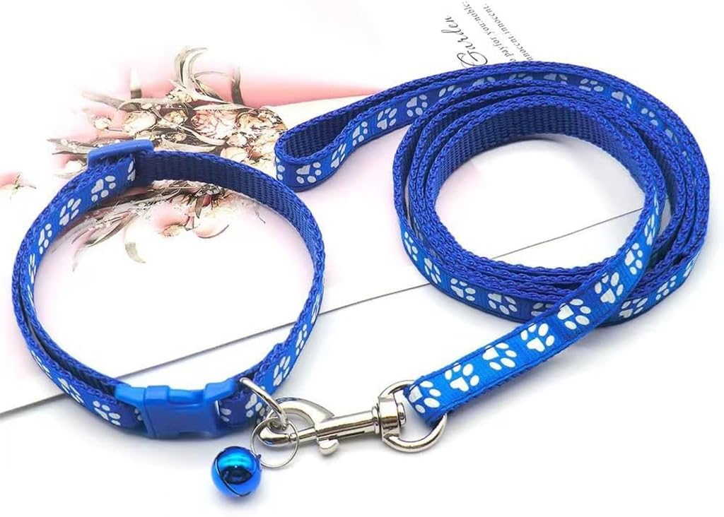 Blue Dog Collar With Bell Leash Set,Nylon Basic Reflective Puppy Collars Girls Boys Paw Print For Xxs Xs Small Cat Pet Animal Li