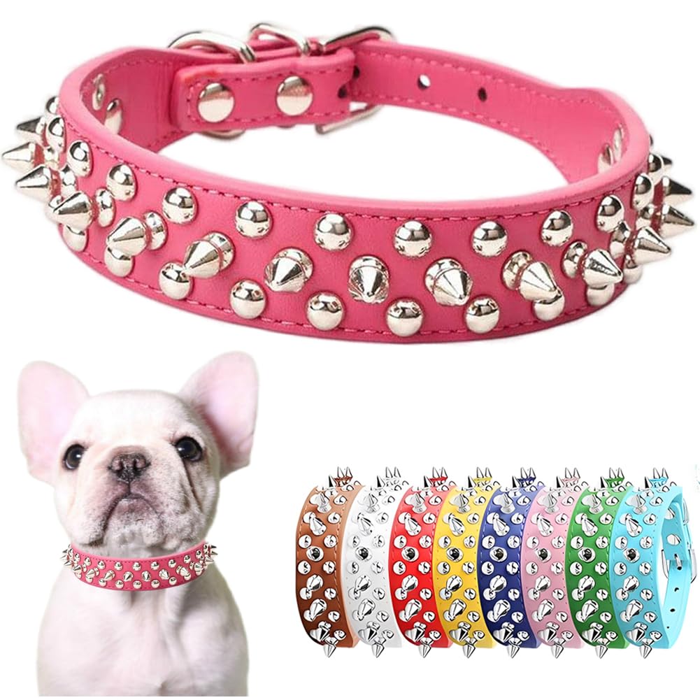 Hot Pink Spiked Dog Collar For Medium Dogs Chew Proof Spike Collar For Small Dogs Cats Pu Leather Rivet Studded Dog Collar Adjus