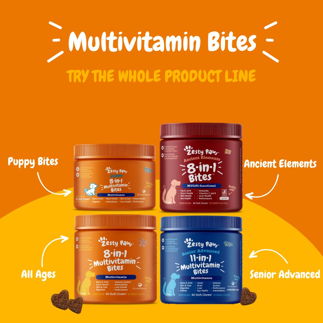 Zesty Paws Multivitamin Treats for Dogs, Glucosamine Chondroitin Joint Support + Digestive Enzymes & Probiotics, Grain Free Dog