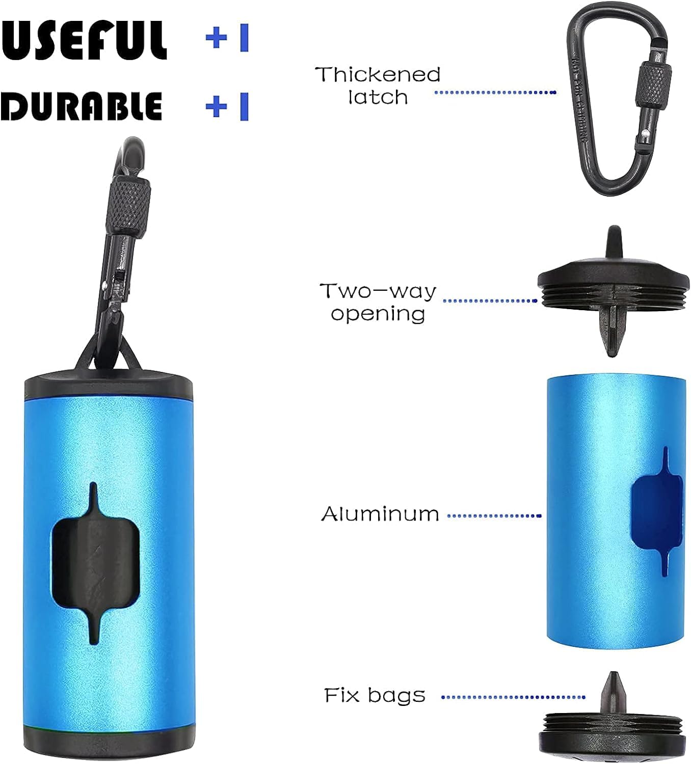 Shaouman Metal Dog Poop Bags Holder Aluminum Poo Bags Dispenser With Pet Waste Bags 3 Leash Clasp And Elastic Rope For Used Bags(1 Holder 135 Bags,Blue)
