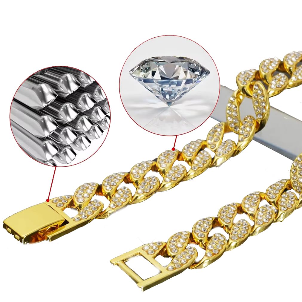 Gold Chain Collar For Small Dogs, Cuban Link Chain For Dogs Jewelry Diamond Necklace Metal Bling Choke 13Mm Wide Pet For Puppy S