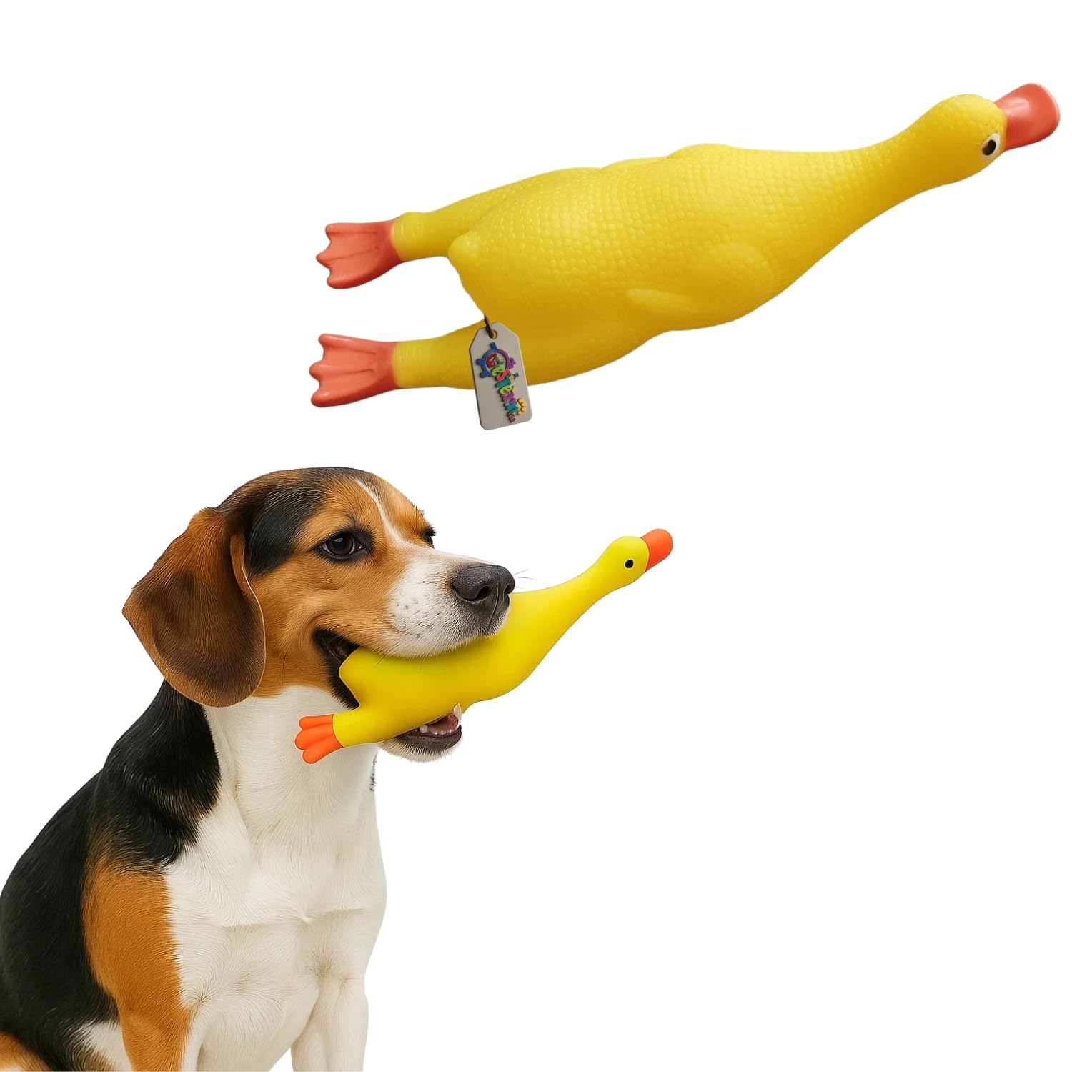 Western Era Duck Shaped Squeaky Dog Toy | Long Stretchable Rubber Chew Toy for Pets | Yellow Cartoon Duck Dog Toy with Builtin 