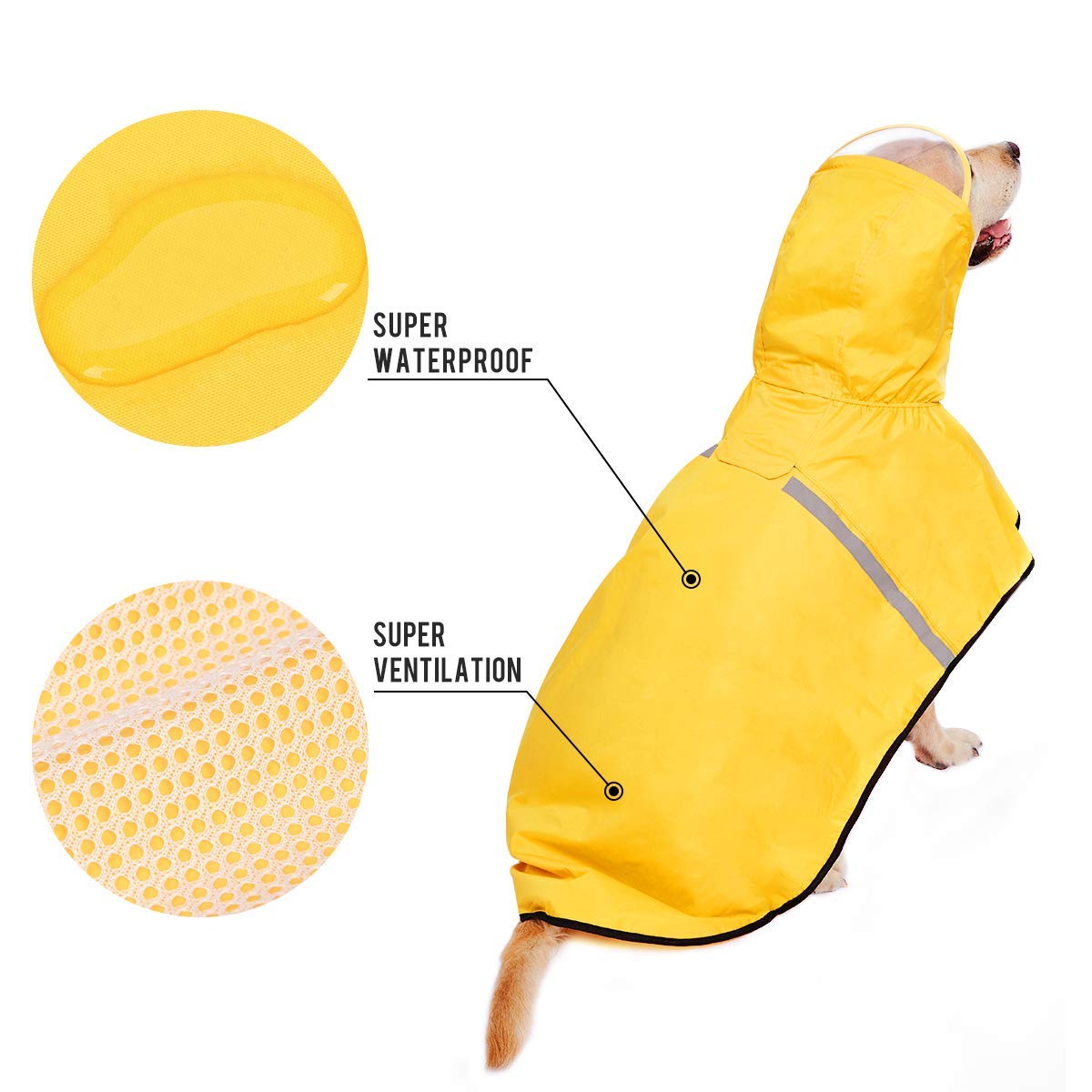 Dog Raincoat With Adjustable Belly Strap And Leash Hole - Hoodie With Reflective Strip - Waterproof Slicker Lightweight Breathab