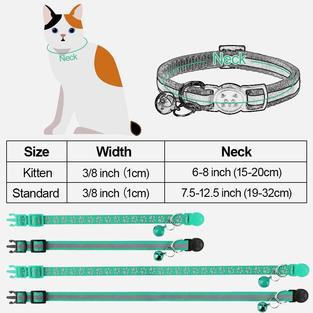Taglory Reflective Cat Collars Breakaway With Bell, 2 Pack Girl Boy Pet Kitten Collar Adjustable 6-8 Inch, Turquoise