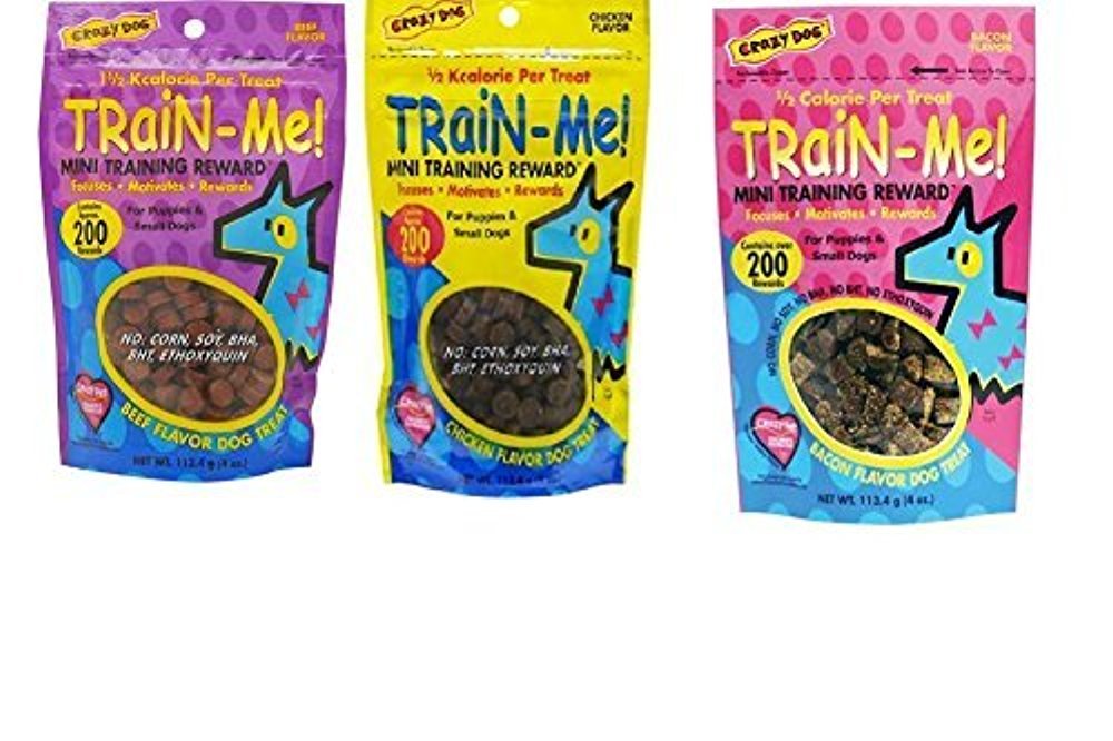 Crazy Dog MINI Train-Me! Training Reward Dog Treats 3 Flavor Variety Bundle: (1) Bacon Flavor, (1) Chicken Flavor, and (1) Beef 