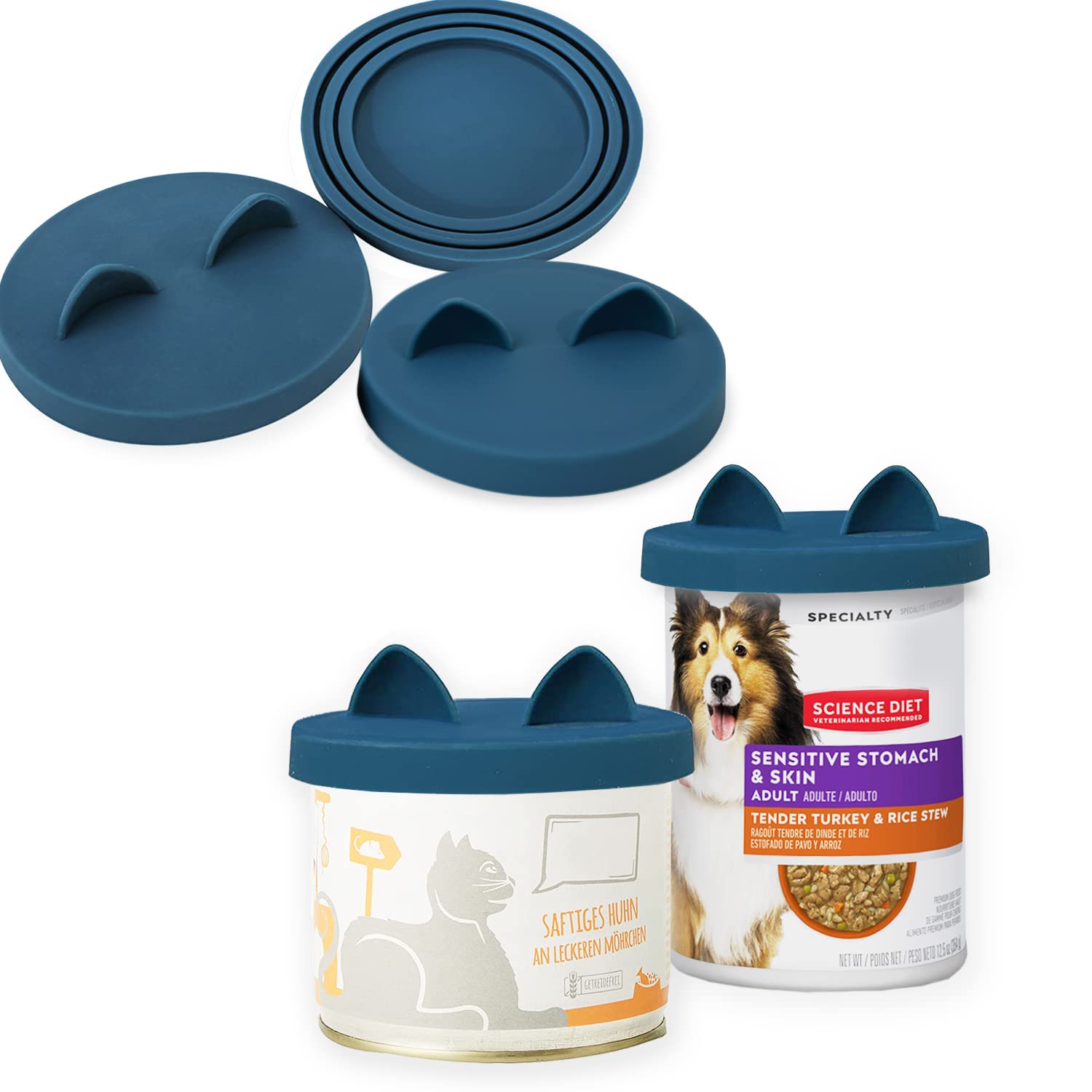 OHMO 3 Pack Dog Food Can Lids, (3, 12, 14oz etc.) Universal Size Silicone Covers for Cat and Dog Food, Dark Blue