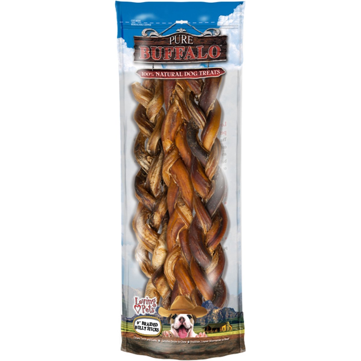 Loving Pets Pure Buffalo 9-Inch Braided Bully Stick Dog Treat, 2-Pack