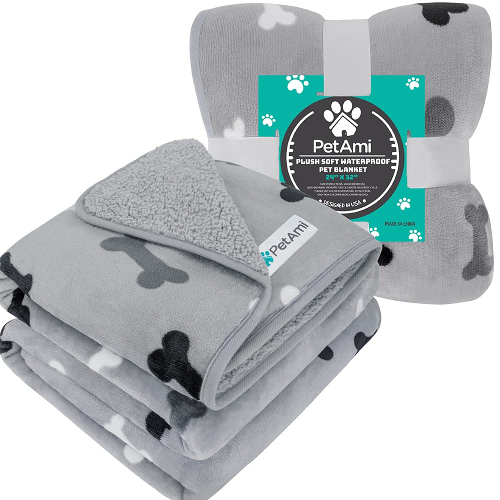 Petami Waterproof Dog Blanket For Small Medium Dogs, Pee Proof Pet Blanket Sherpa Fleece Couch Cover, Reversible Cat Throw Bed Sofa Protector, Soft Plush Washable Pad (Small 24X32, Bone Print Gray)