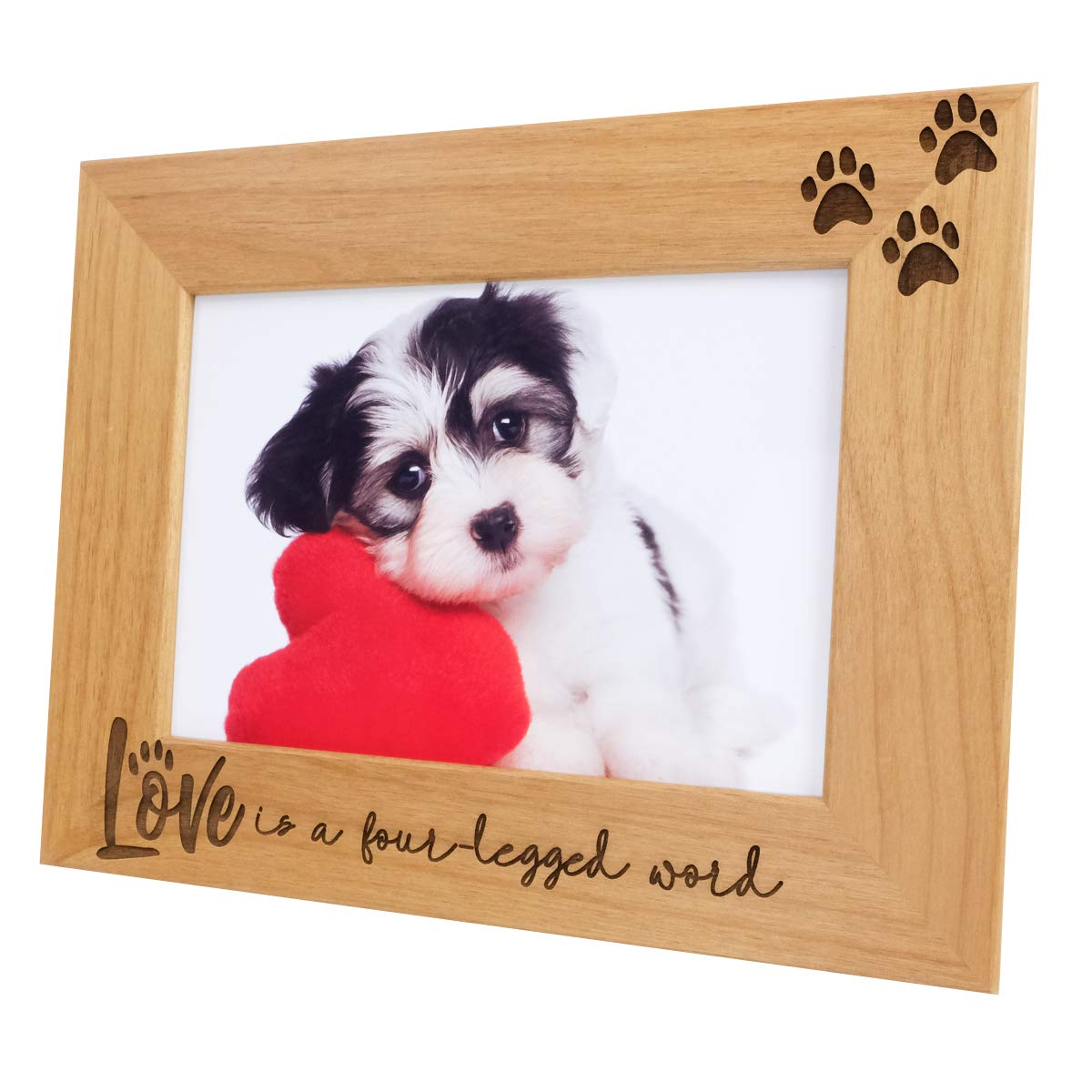 Love Is A Four-Legged Word-Wood Engraved Pet Picture Frame With Glass,Dog Picture Frame,Cat Picture Frame,Dog Mom,Cat Dad,Paw Print,Pet Memorial Picture Frame,Pet Lover Gift (5X7 Horizontal)