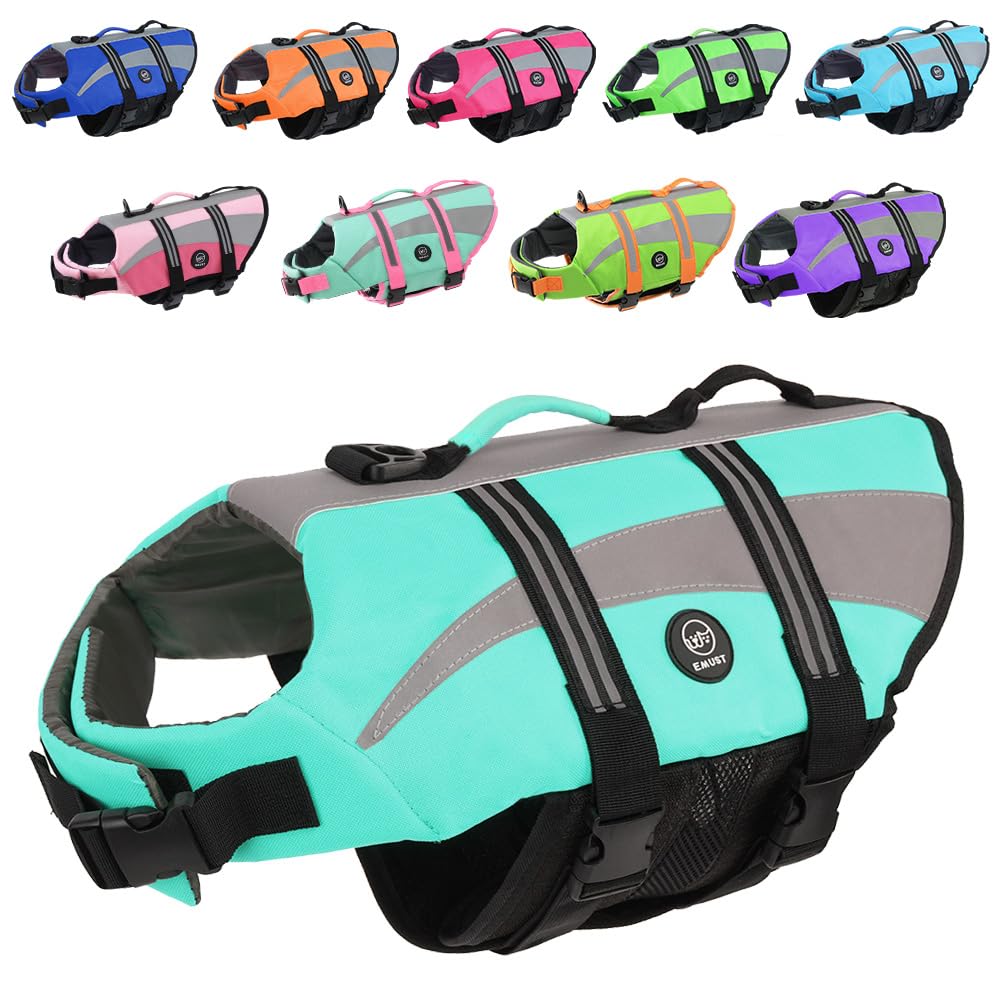 Emust Life Jacket For Large Dogs, Pet Life Vest For Small/Medium/Large Dogs With Double Rescue Handles, High Reflective Dog Life