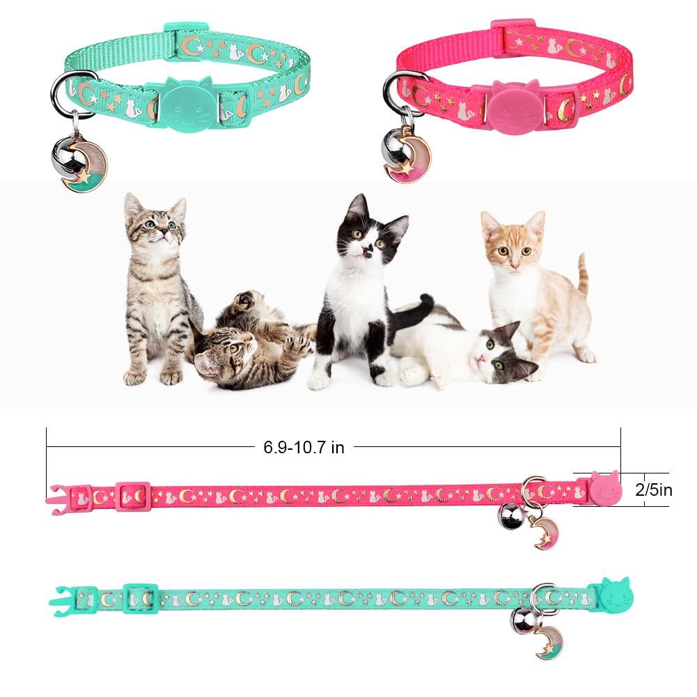 2Pcs Breakaway Cat Collars With Bell Moons Stars Cute Kitty Adjustable Safe Kitten Collars With Pendant Glow In The Dark(Pink&Teal)