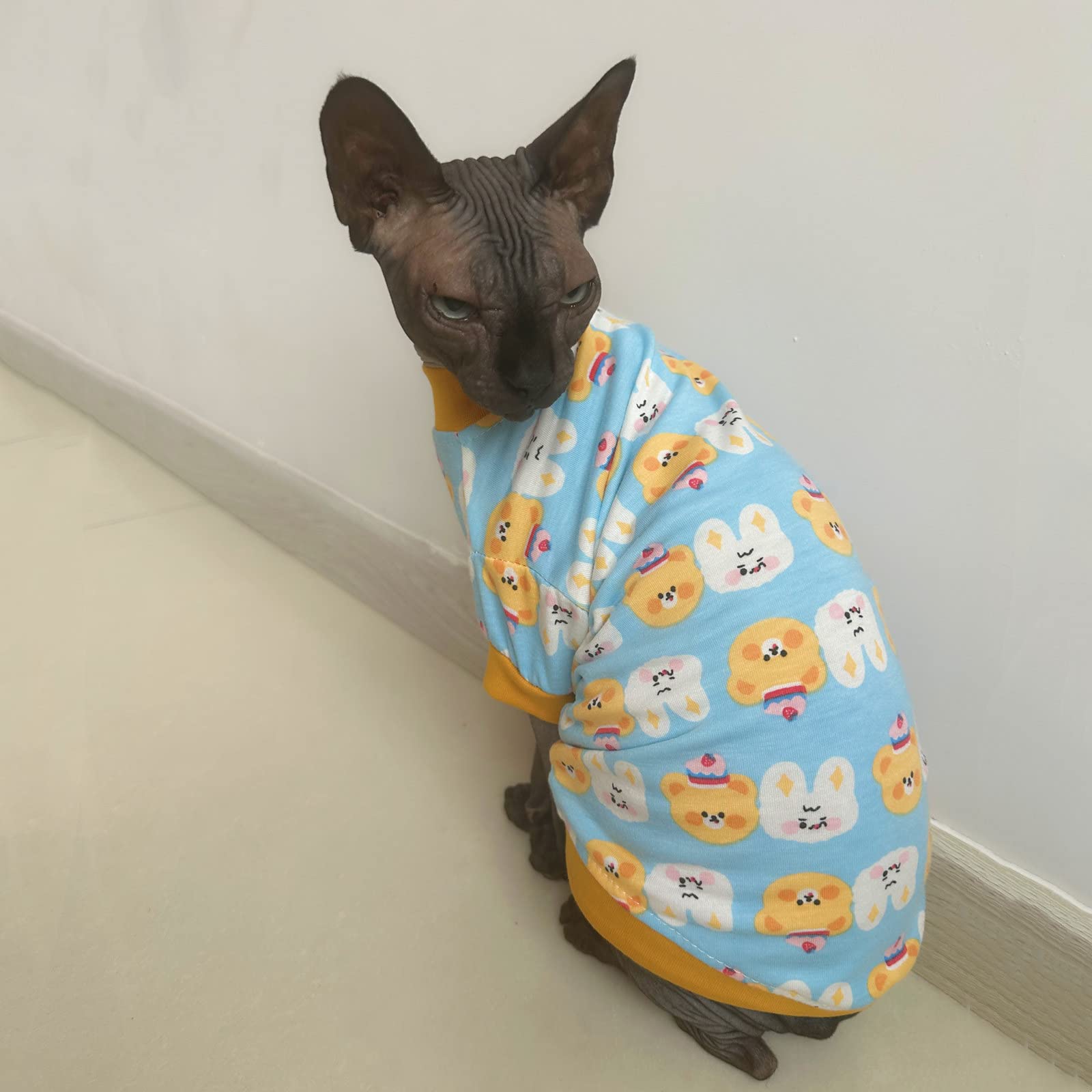 Sphynx Hairless Cat Cute Summer Cotton T-Shirts Pet Clothes,Round Collar Kitten Shirts Cats Apparel (Bear & Bunny, X-Large (Pack