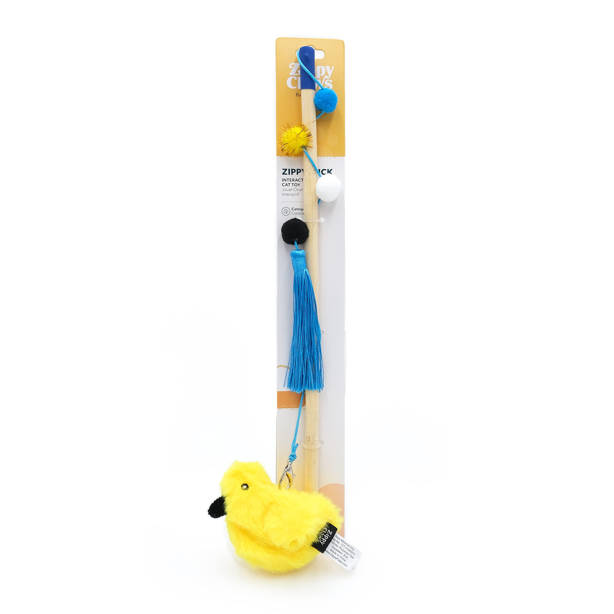 Zippyclaws Bird Zippystick - Interactive Cat Toy Wand For Indoor Cats & Kittens, Cute Kitty Toys For Boredom, Fun Teaser Stick With Feathered Tassles & Plush Dangling Toy