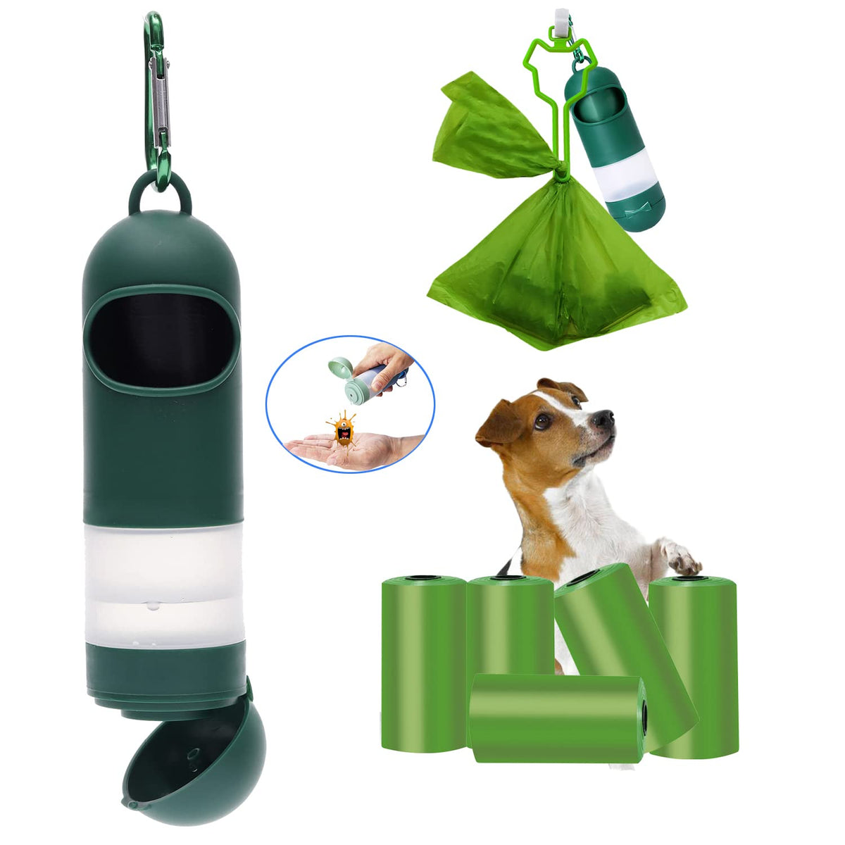 TAOZHIYAO 95Count Pet Dog Poop Waste Bag Dispenser Cute Puppy Holder, Doggy Poop Bag Holder with Hand Sanitizer Bottle (Green, S