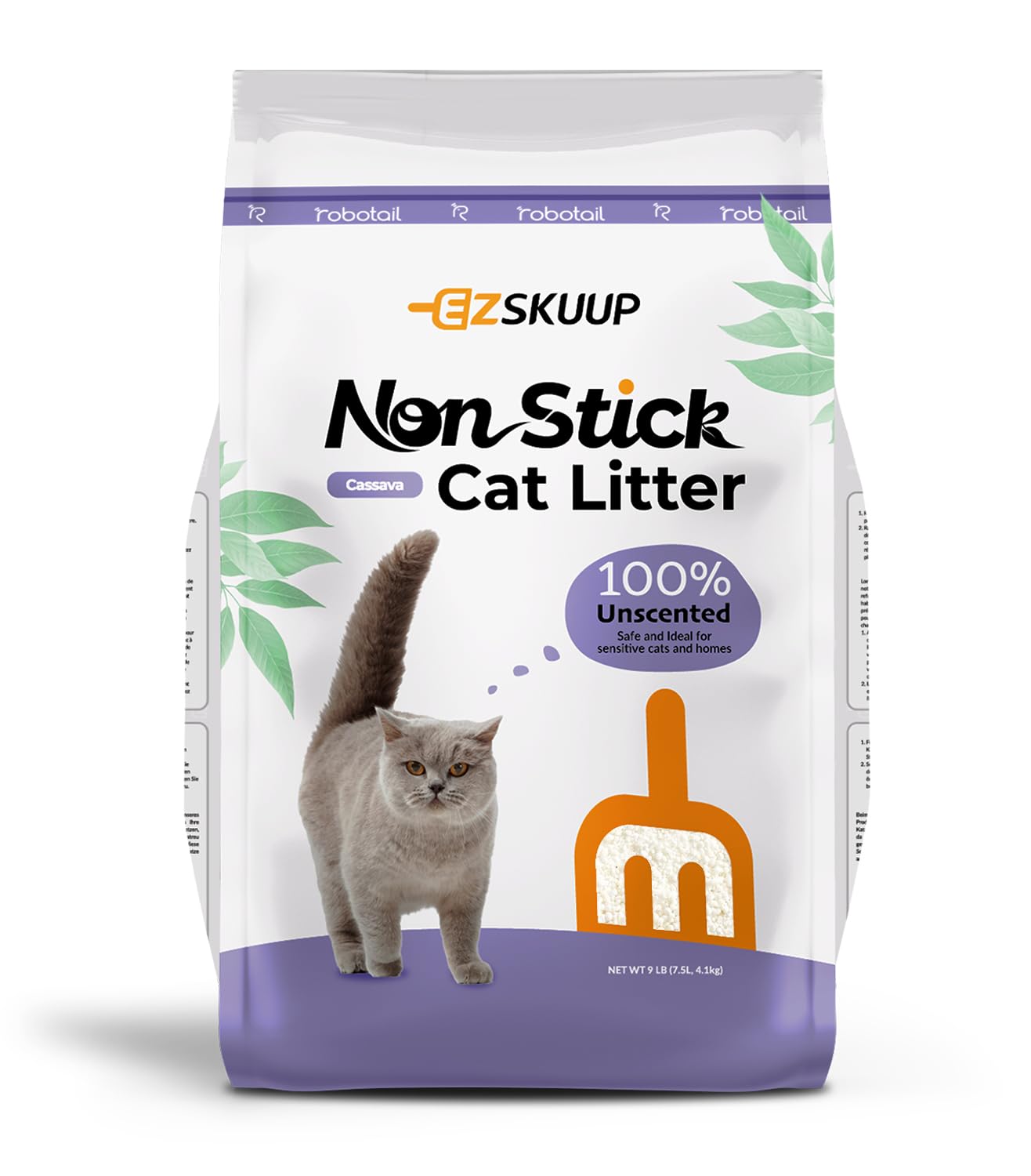 Robotail Premium Cat Litter, Non-Stick Strong Clumping Cat Litter, 100% Natural Cassava Kitty Litter, Multi-Cat/Unscented Dust-F
