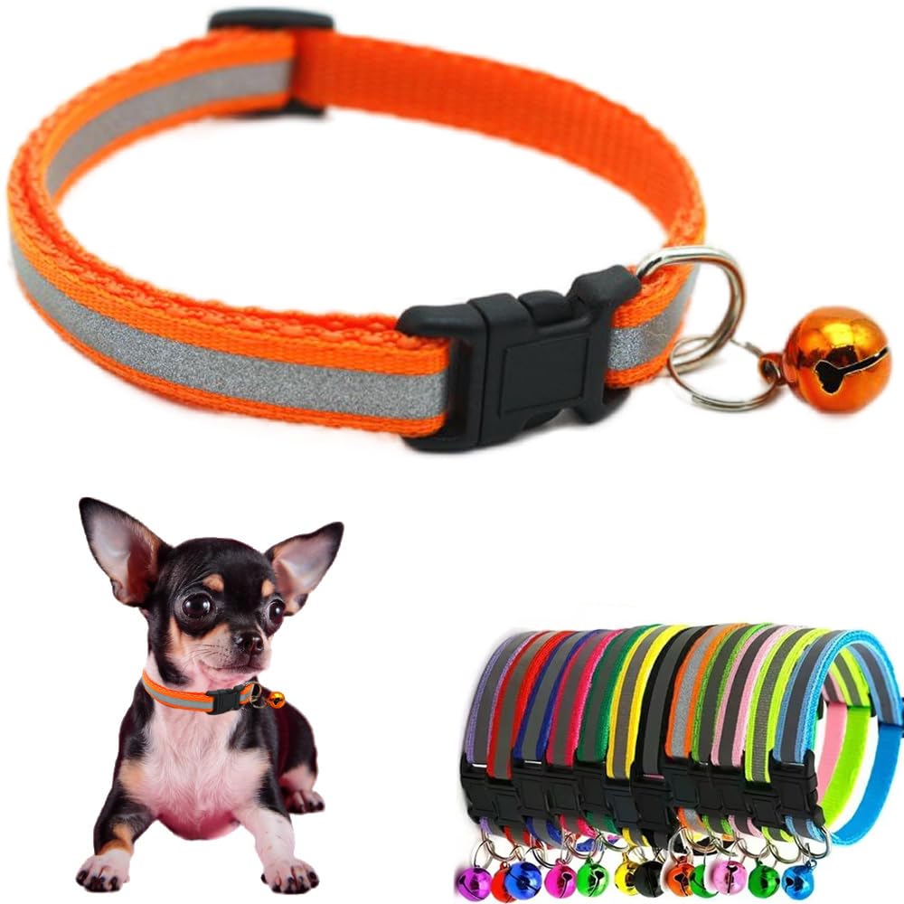 Orange Dog Collar With Bell, Reflective Small Cat Collars Wiith Bell Soft Adjustable Buckle For Xs Xsmall Extra Small Puppies Fe