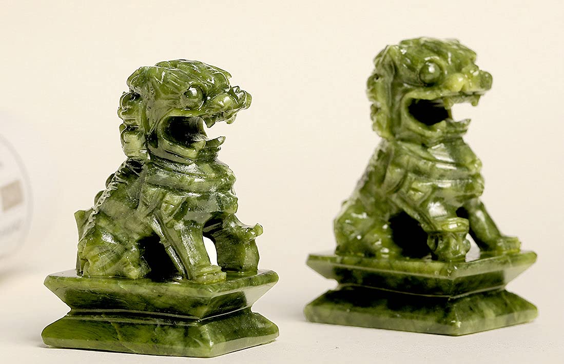 A Pair Natural Green Jade Carved Feng Shui Fu Foo Dog Guardion Door Lion (2.8'' H X 1.8'' L X 1.2'' W (Inch) 0.7Lb)