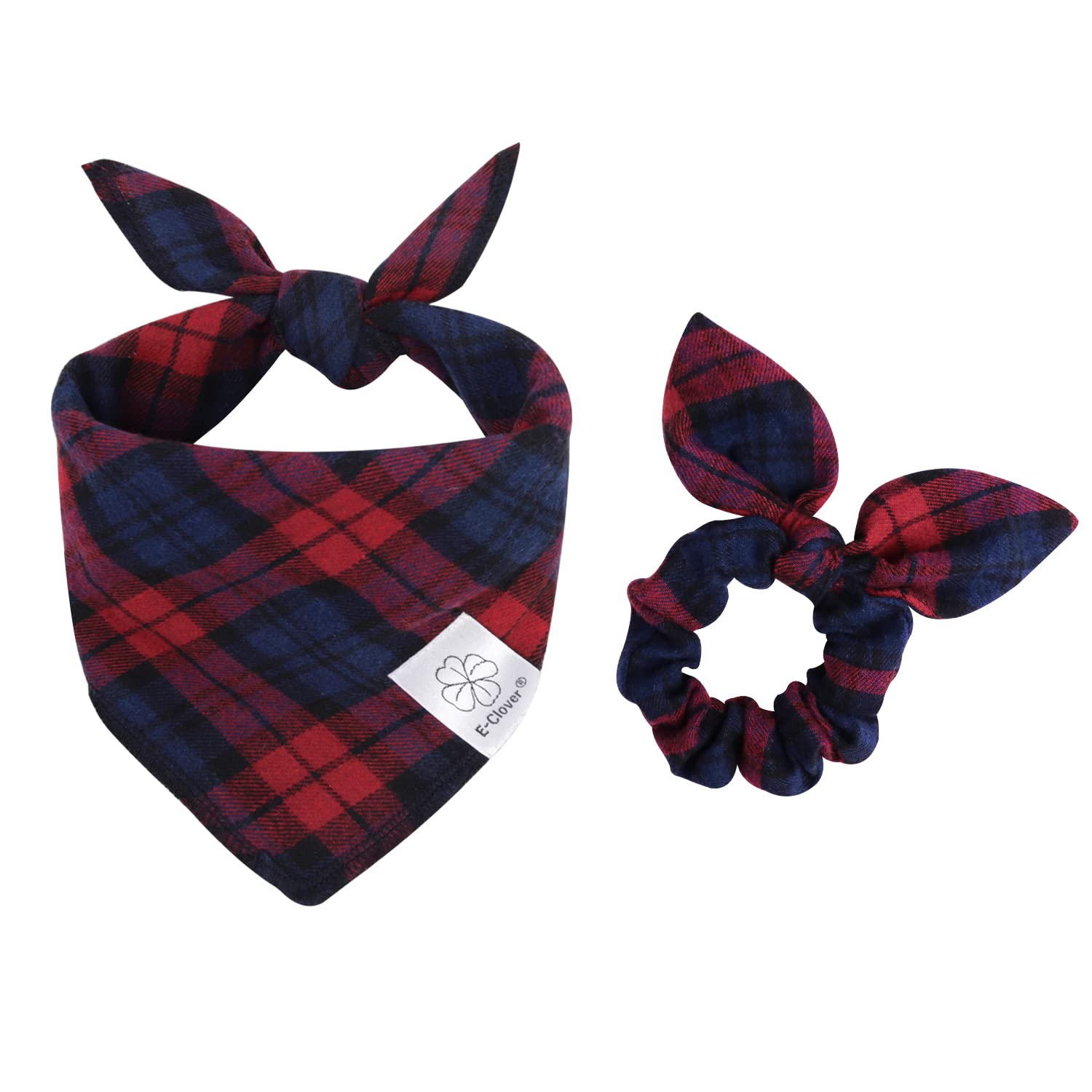 E-Clover Dog Bandanas & Matching Scrunchie Set Plaid Dog Scarf Bibs Pet Handkerchief For Small Dogs Puppy Owner Gifts Red Blue
