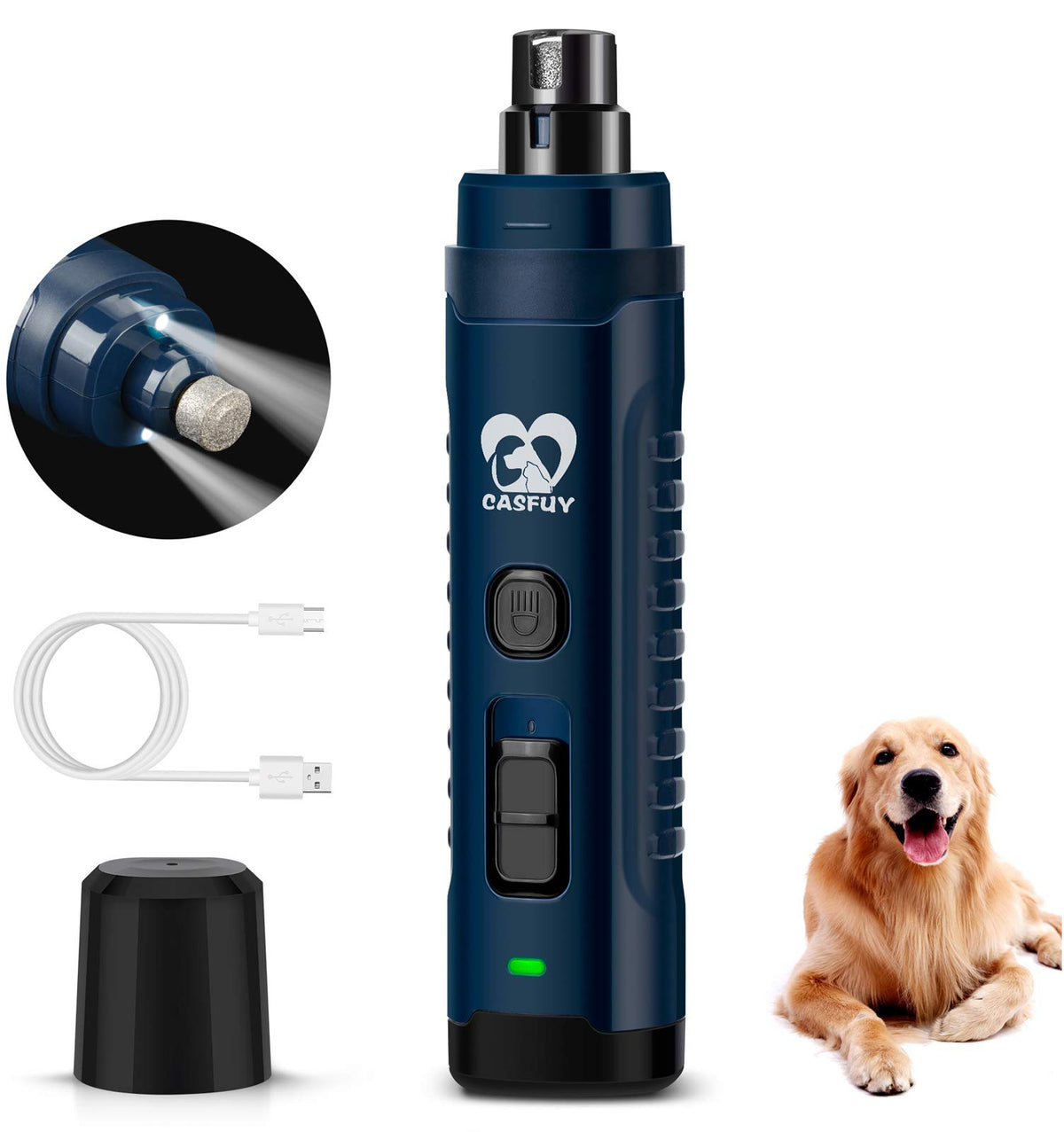 Casfuy Dog Nail Grinder With 2 Led Light For Large Medium Small Dogs - 3X More Powerful 2-Speed Electric Pet Nail Trimmer Rechargeable Quiet Painless Paws Grooming & Smoothing Tool (Dark Blue)