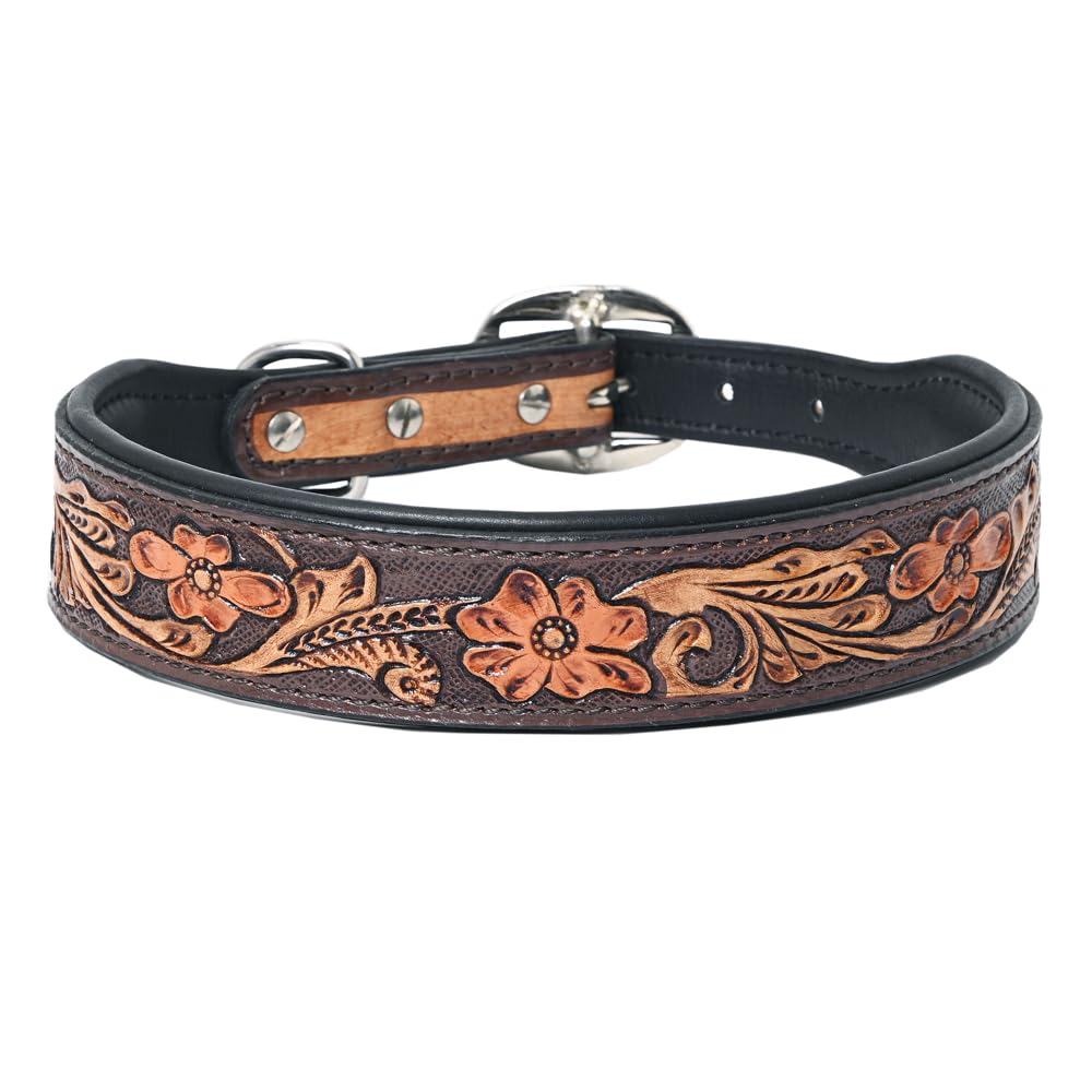 Hilason Floral Hand Tooled Strong Genuine Leather Dog Collar Brown Large