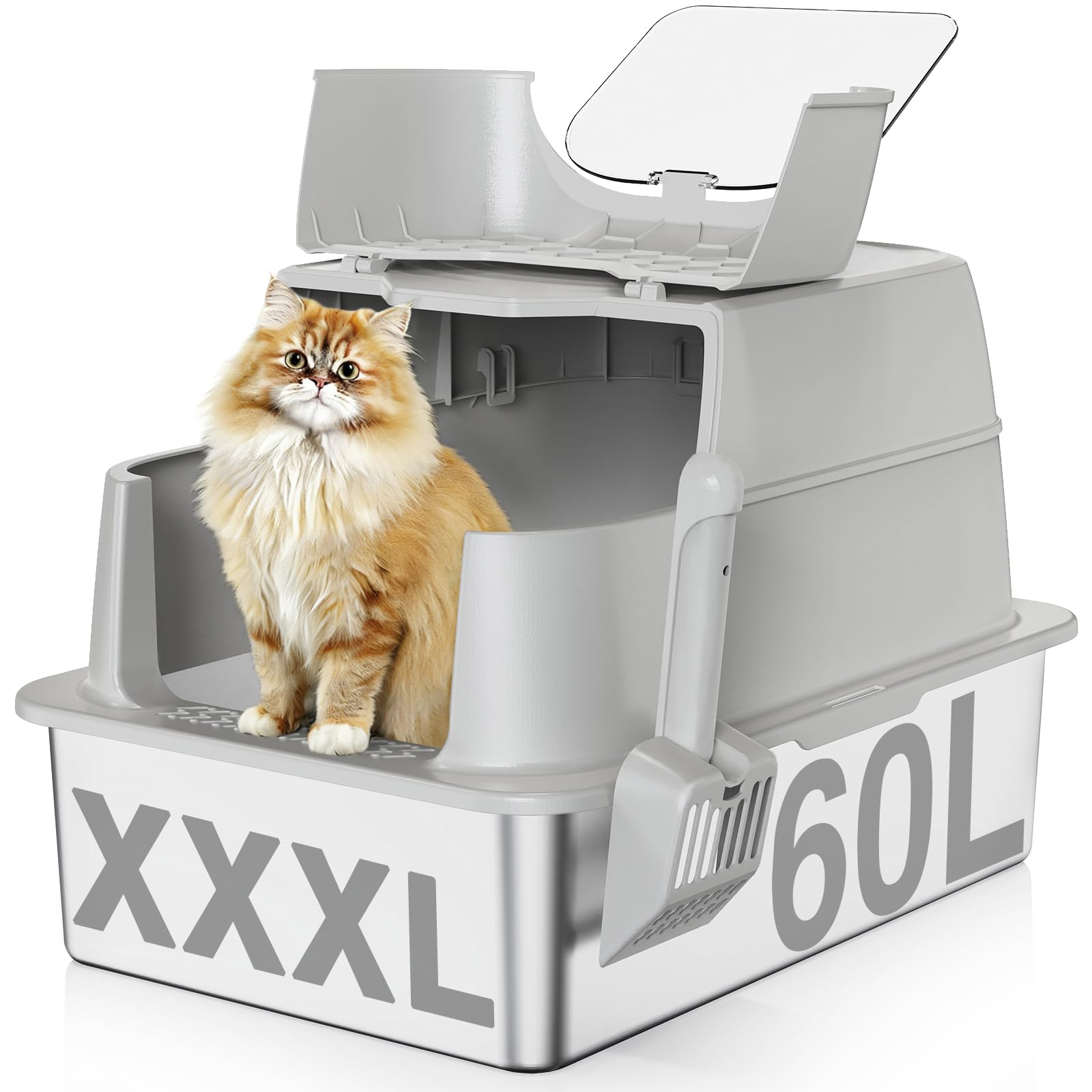 APPKER Stainless Steel Cat Litter Box with Lid, 180 Flip-Top XXXL Extra Large Enclosed Litter Box, 26 L x 18 W x 17 H Metal Litt