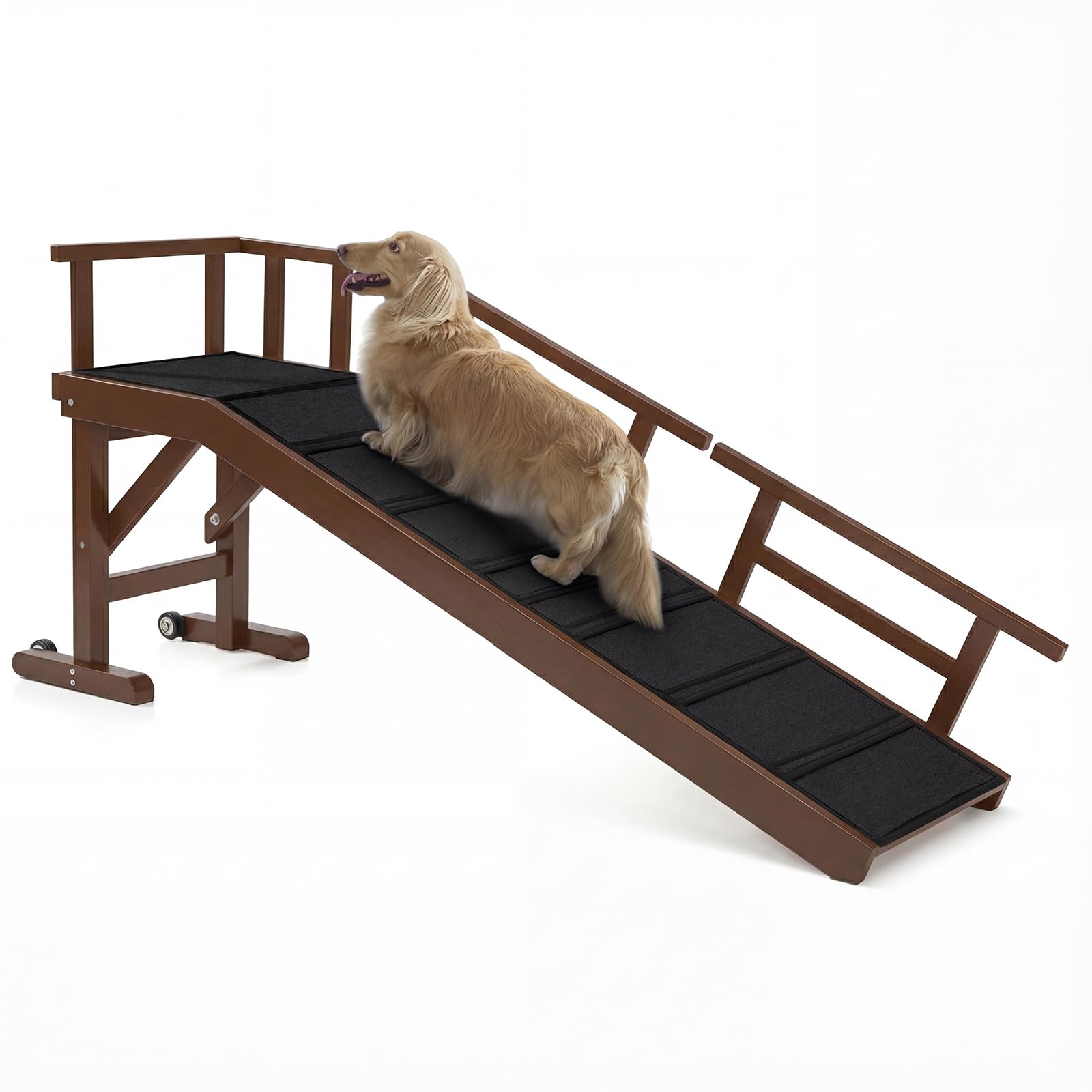 Dog Ramp for Bed or Couch, Wooden Pet Ramp with 20 Gentle Slope, Removable Side Rails, Non-Slip Surface, Top Platform & Wheels, 