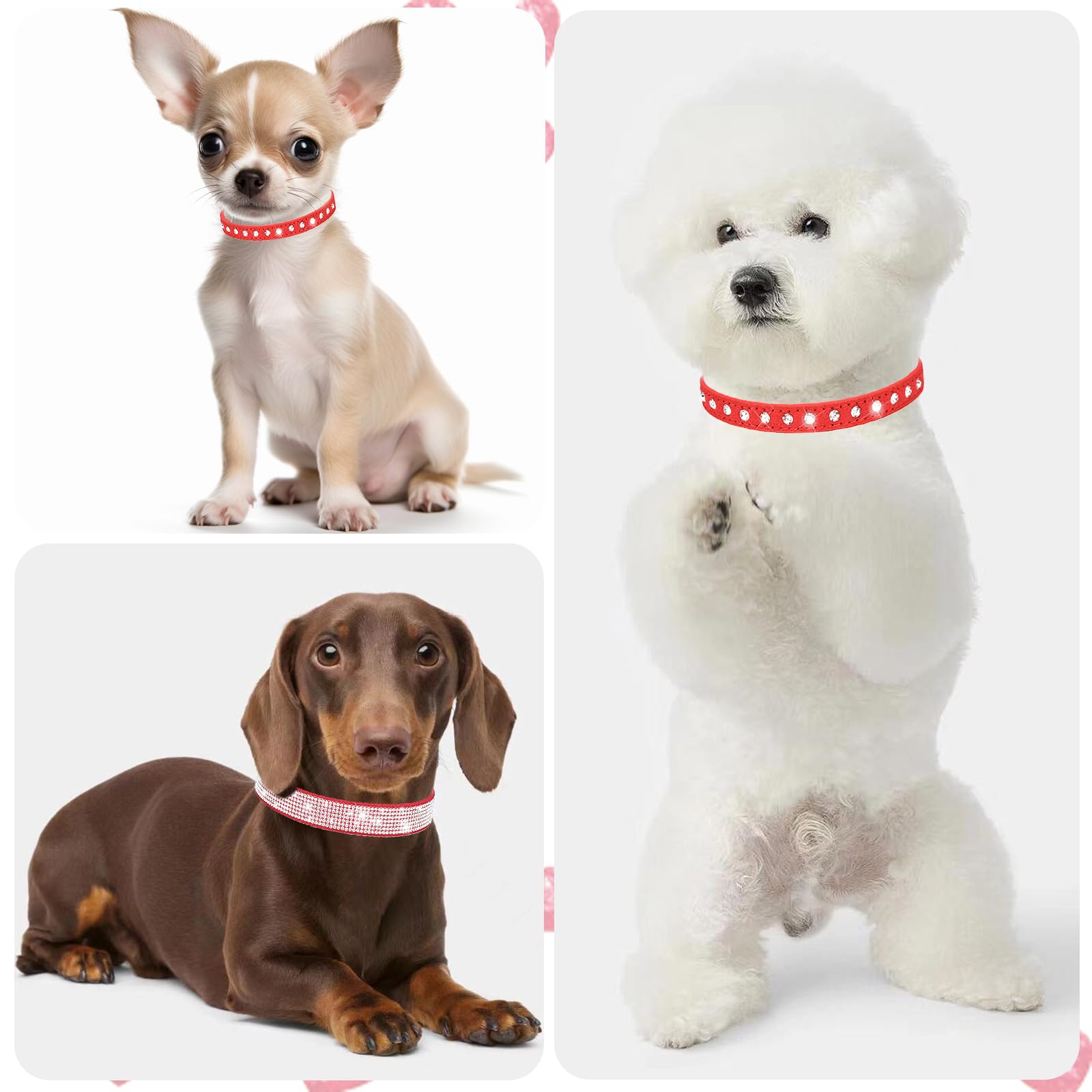 Red Diamond Dog Collar Xxs, 2-Pack Bling Kitten Collar Soft Suede Glitter Rhinestone Jewelry Crystal Girl Puppy Collar With Bow